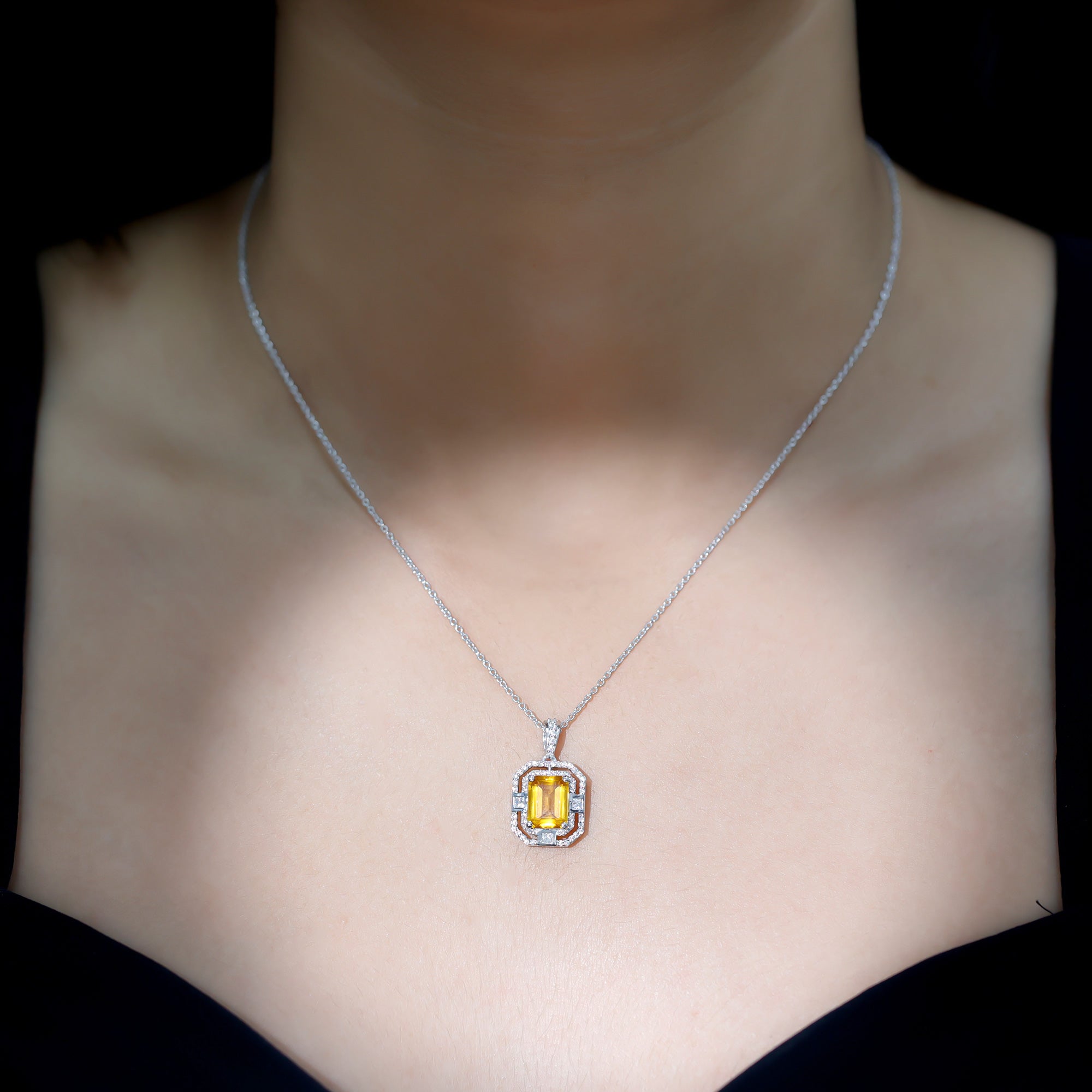 2.3 Carat Lab Grown Yellow Sapphire Emerald Cut Necklace with Moissanite Halo