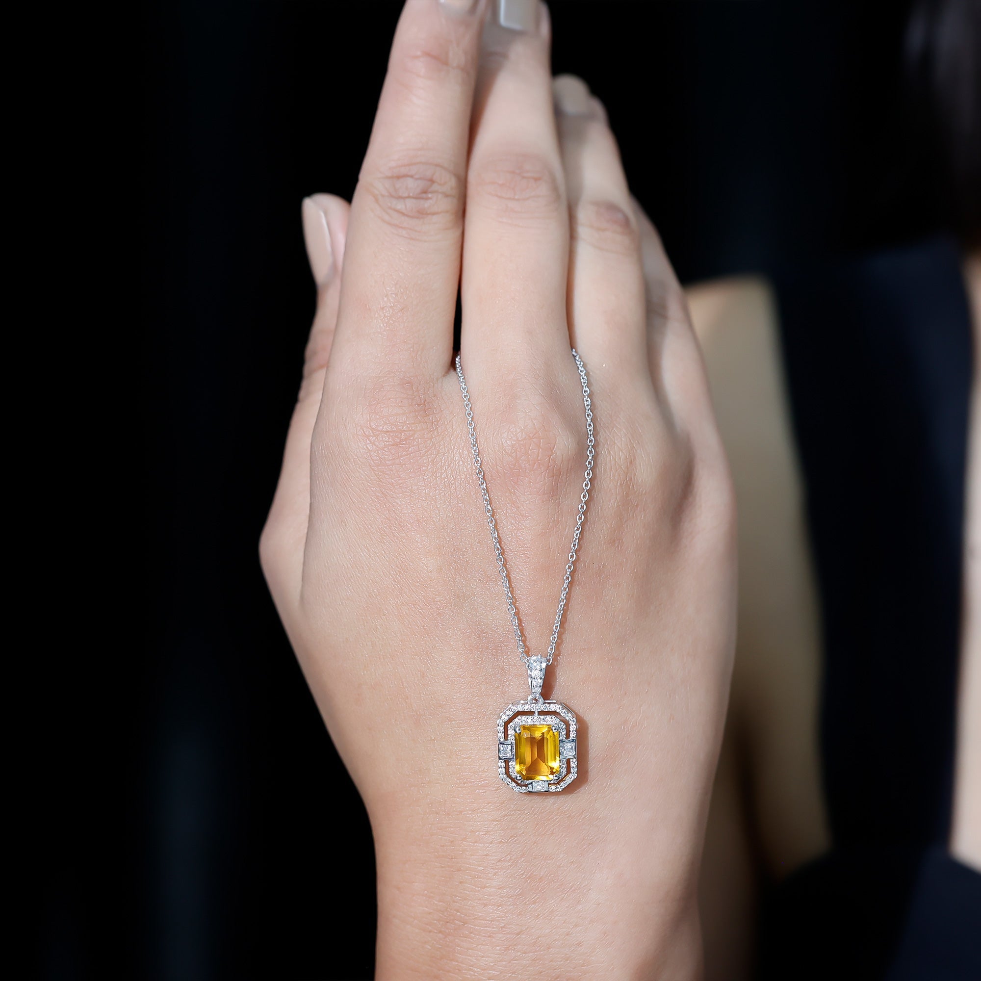 2.3 Carat Lab Grown Yellow Sapphire Emerald Cut Necklace with Moissanite Halo