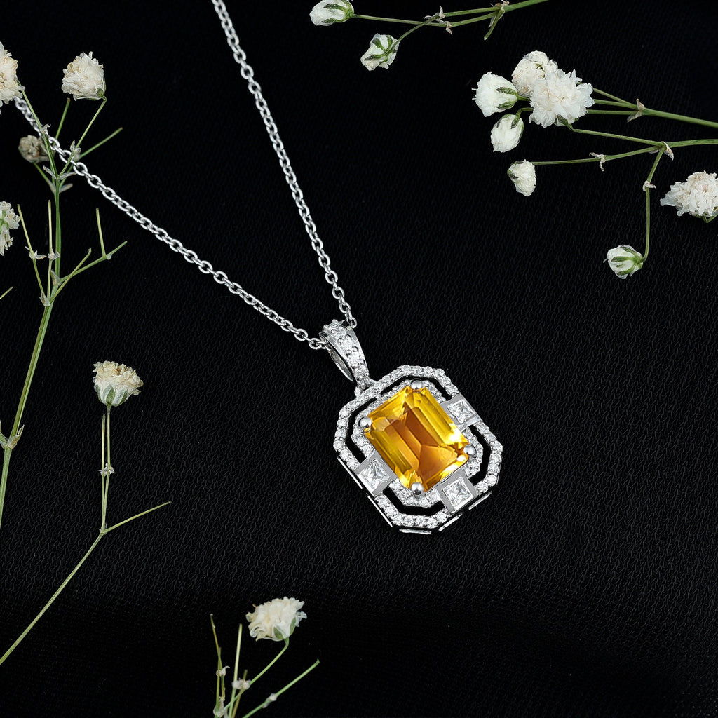 2.3 Carat Lab Grown Yellow Sapphire Emerald Cut Necklace with Moissanite Halo