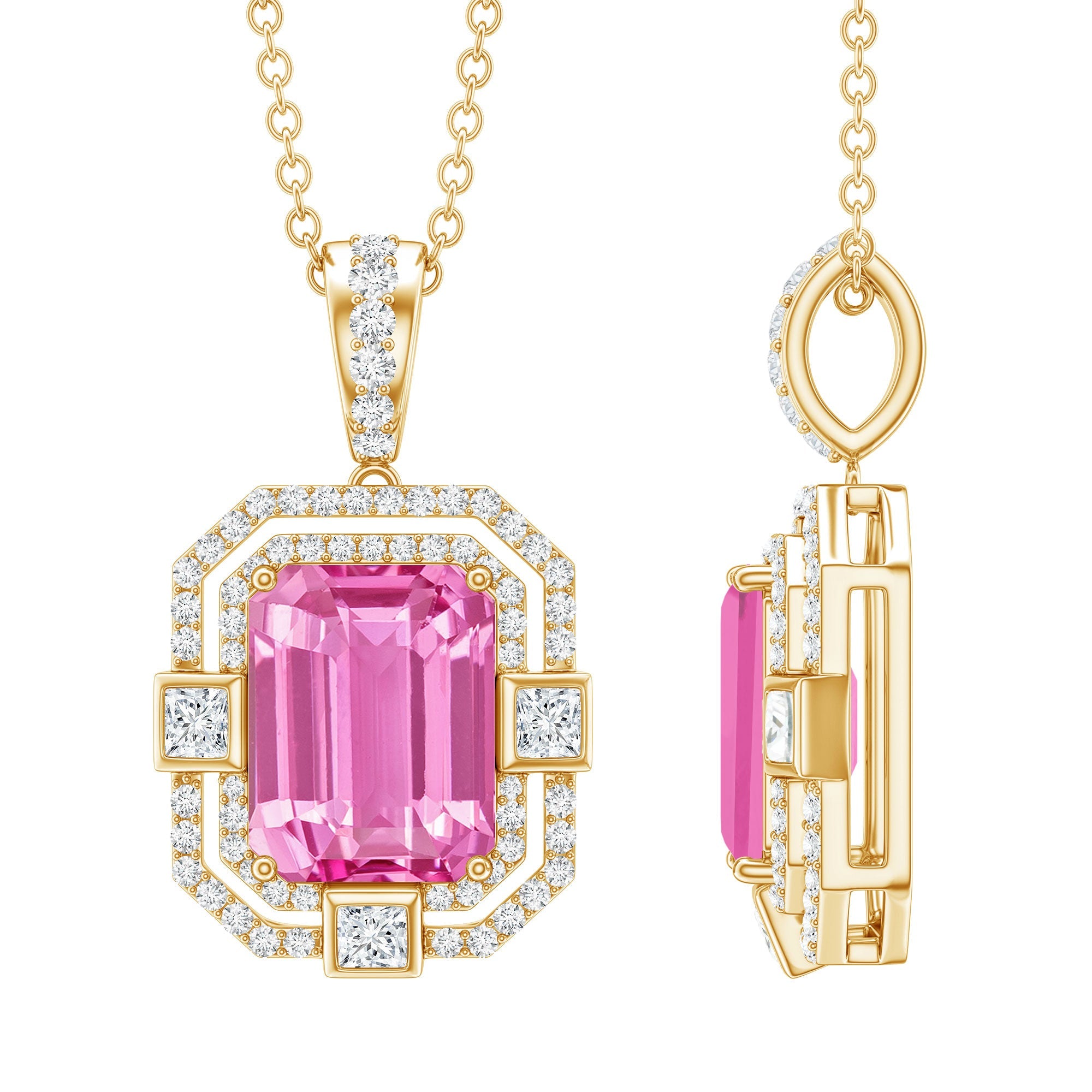 2.3 Carat Lab Grown Yellow Sapphire Emerald Cut Necklace with Moissanite Halo