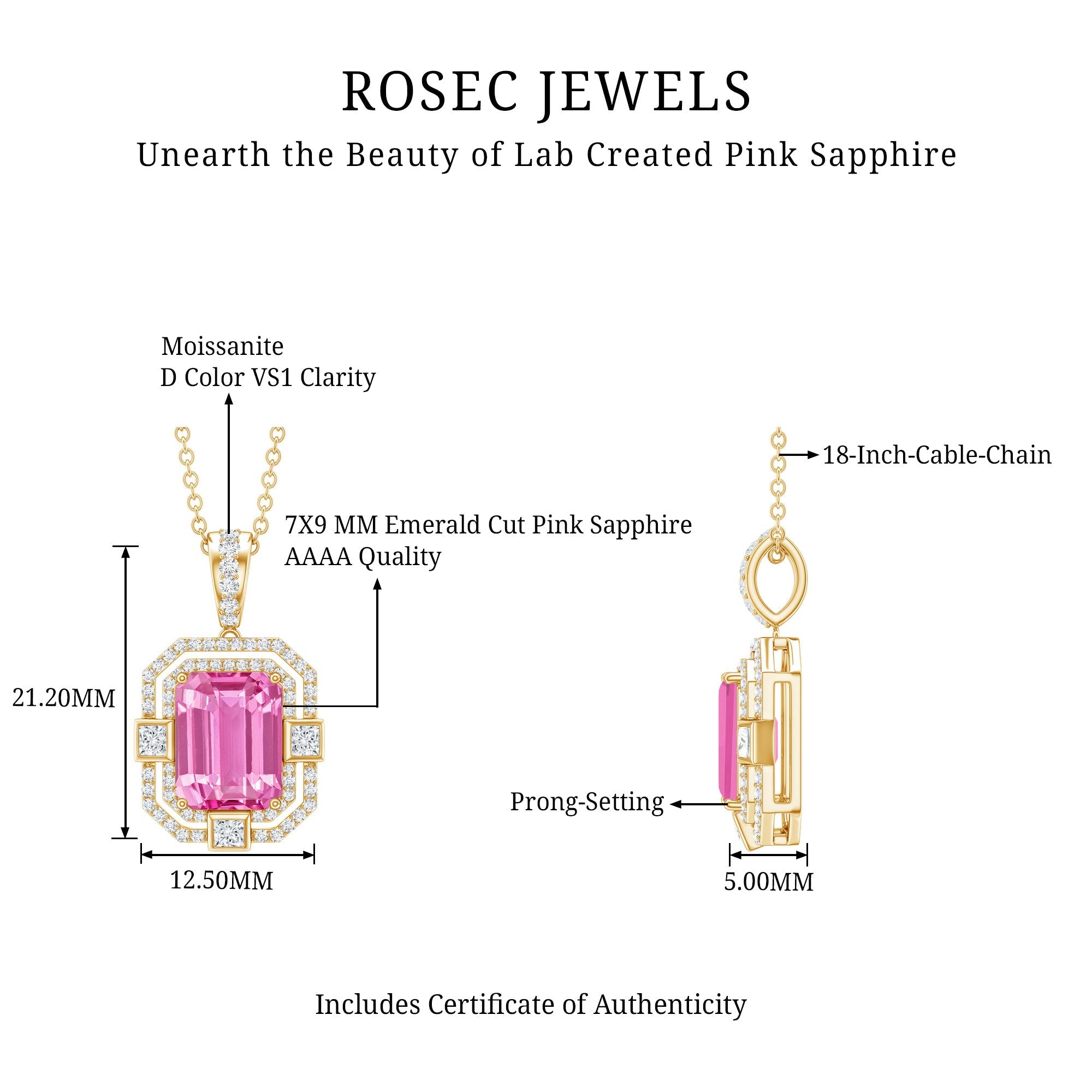 2.3 Carat Lab Grown Yellow Sapphire Emerald Cut Necklace with Moissanite Halo