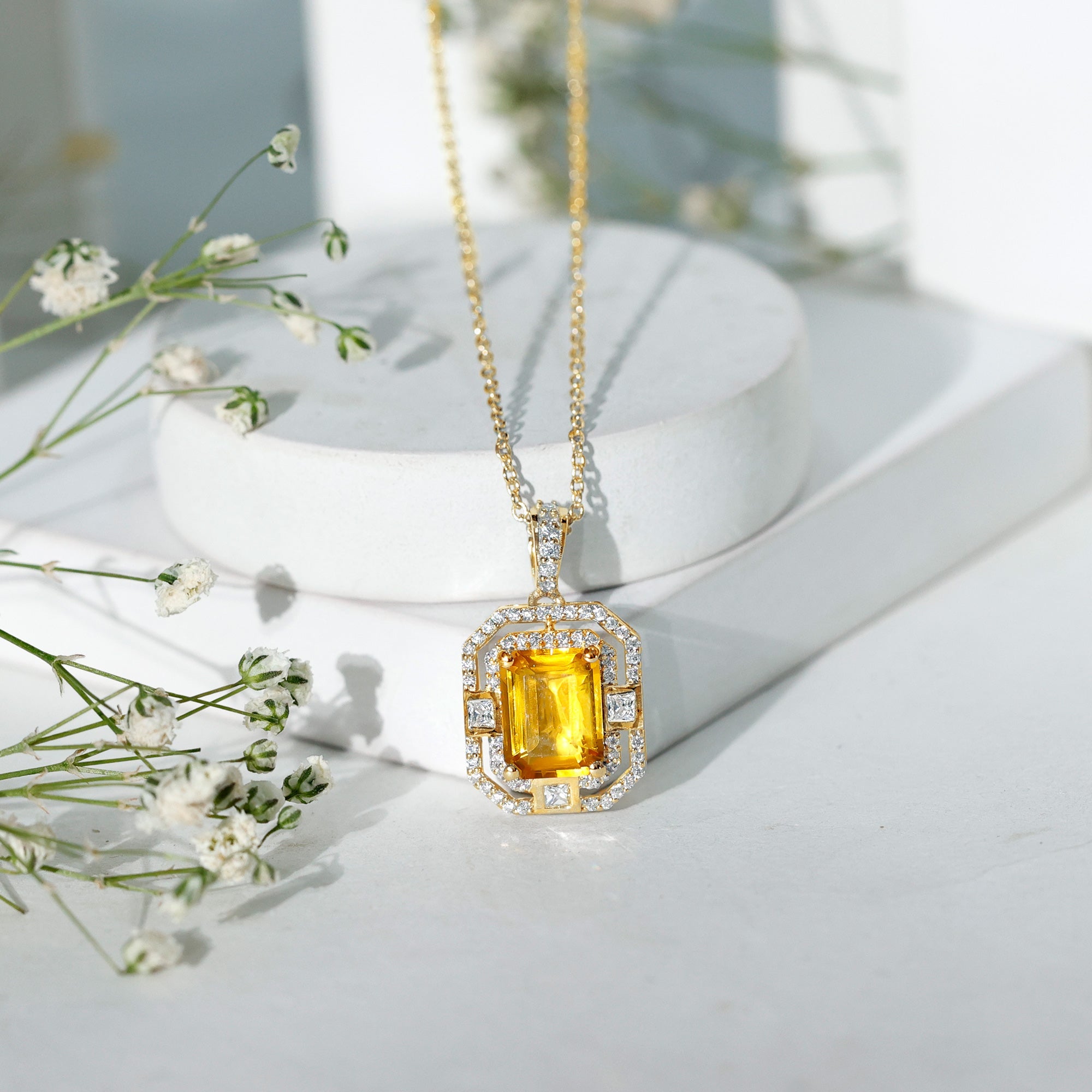 2.3 Carat Lab Grown Yellow Sapphire Emerald Cut Necklace with Moissanite Halo