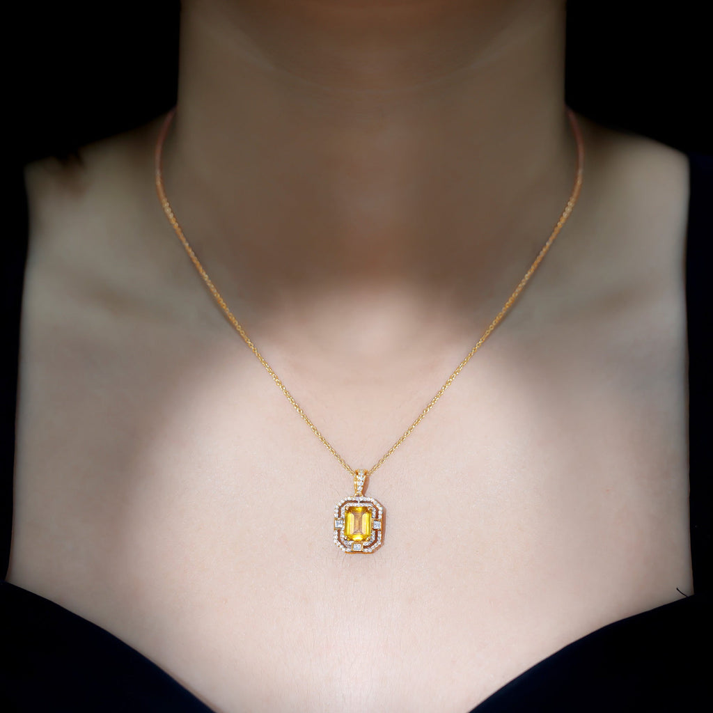 2.3 Carat Lab Grown Yellow Sapphire Emerald Cut Necklace with Moissanite Halo