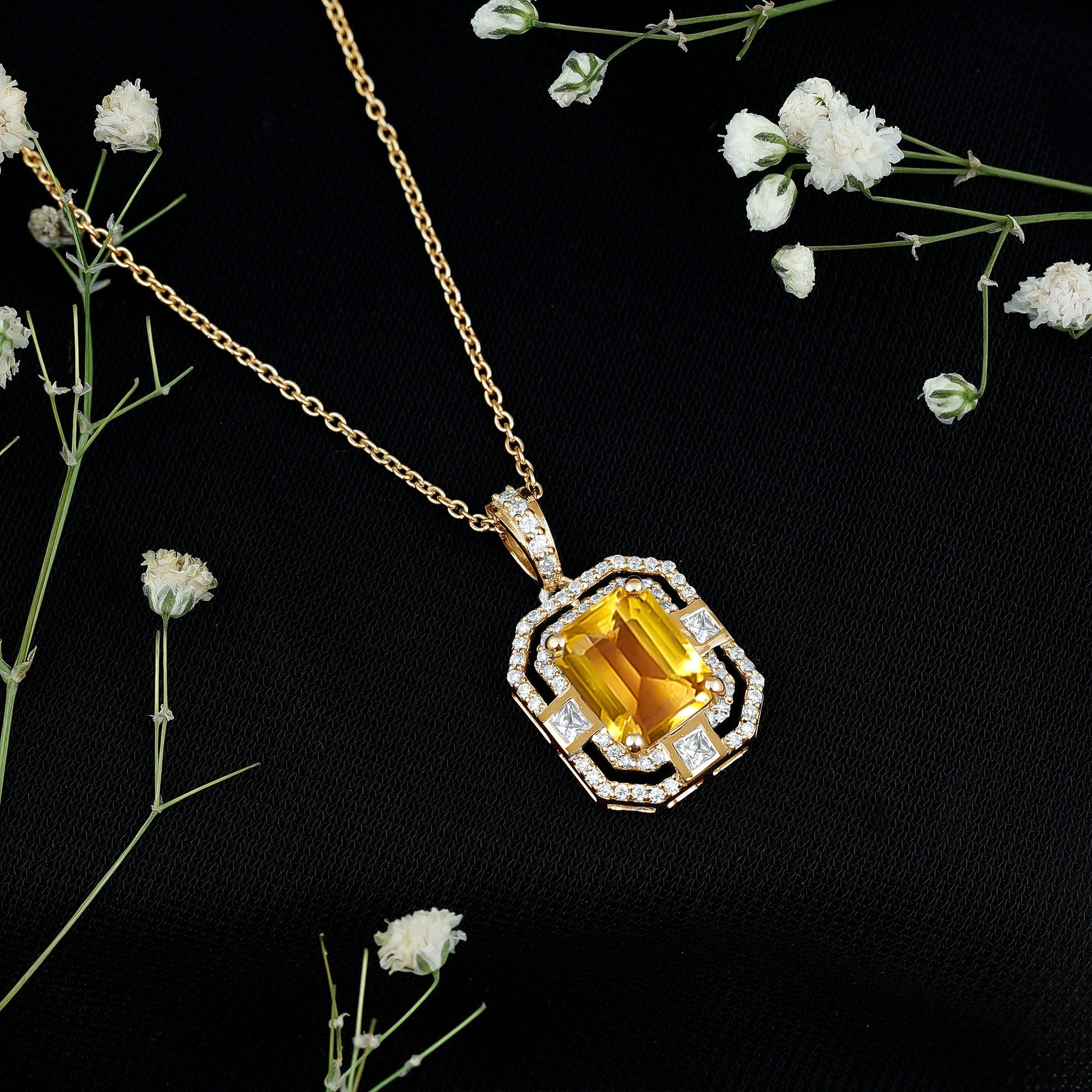 2.3 Carat Lab Grown Yellow Sapphire Emerald Cut Necklace with Moissanite Halo