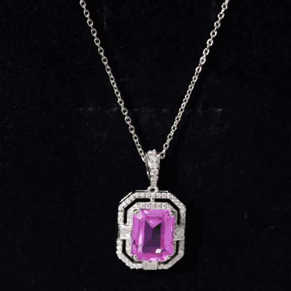 Vintage Emerald Cut Created Pink Sapphire Pendant with Moissanite