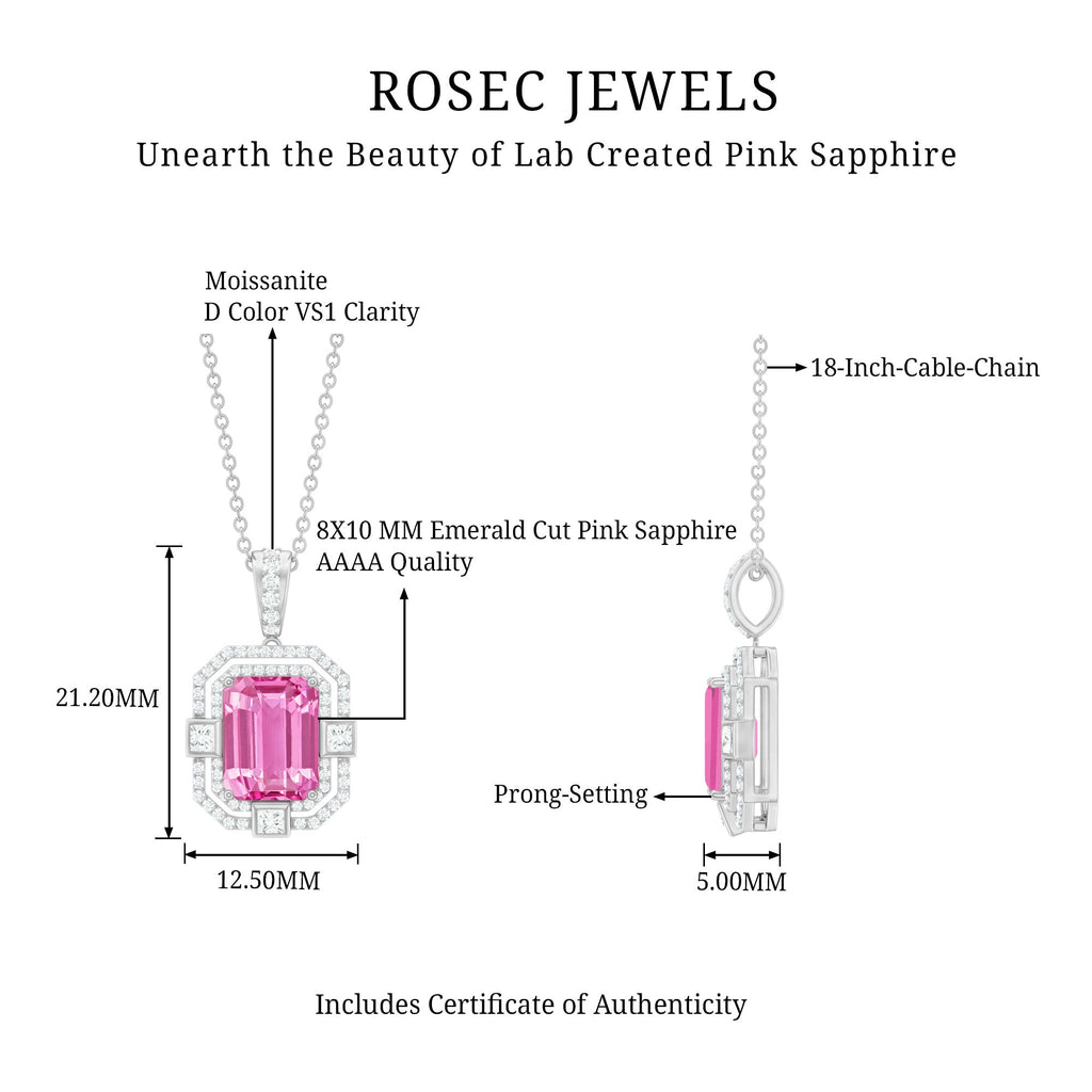 Vintage Emerald Cut Created Pink Sapphire Pendant with Moissanite