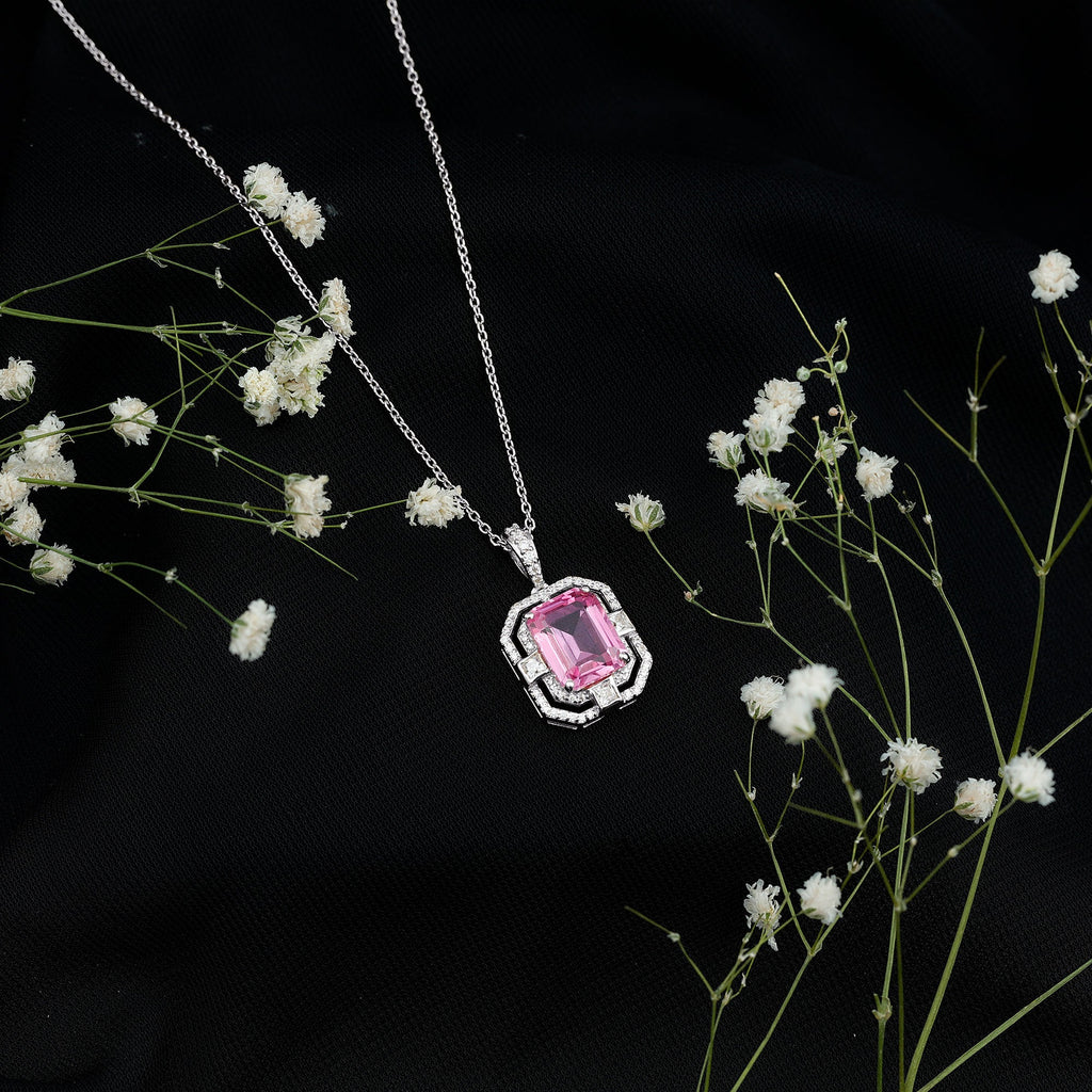 Vintage Emerald Cut Created Pink Sapphire Pendant with Moissanite