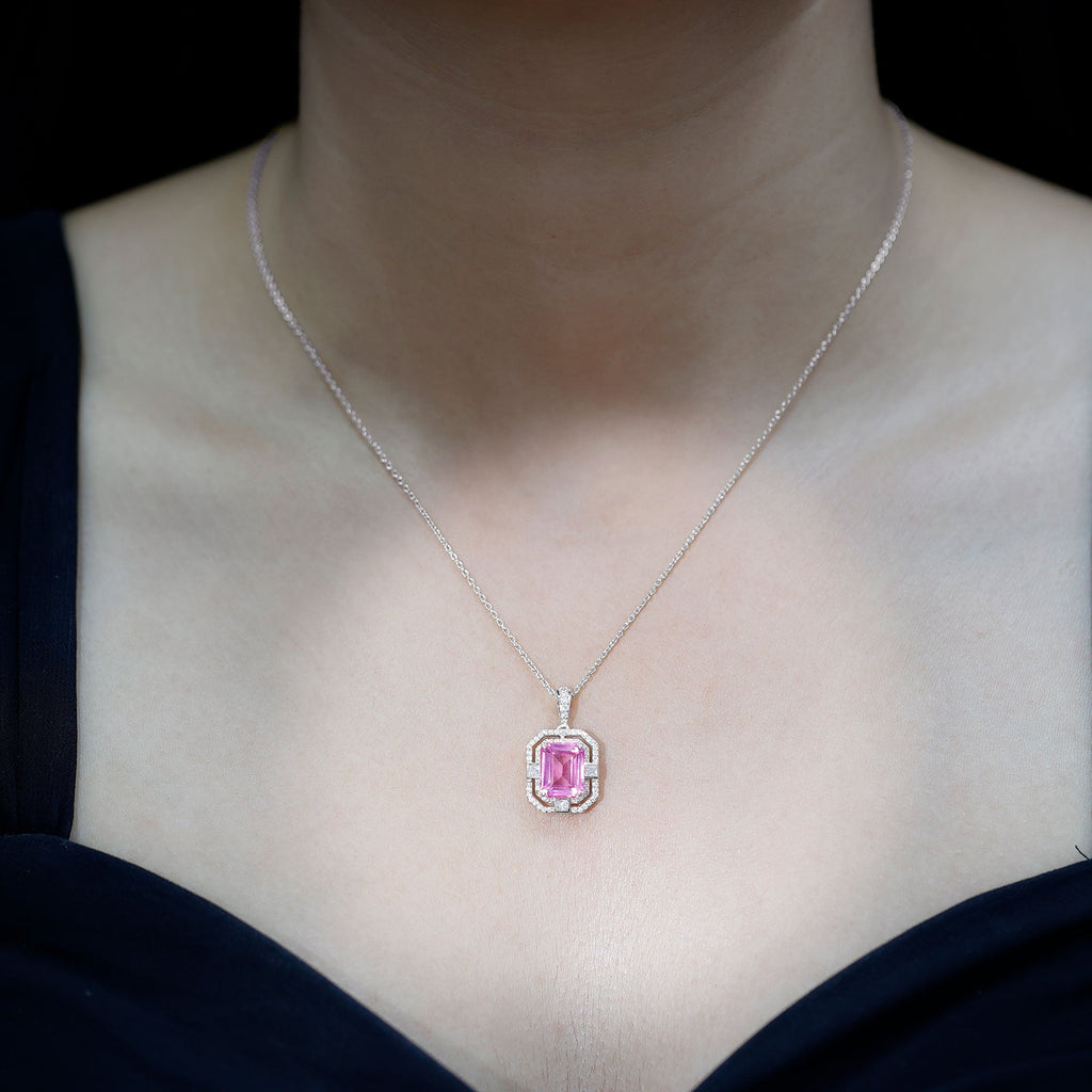 Vintage Emerald Cut Created Pink Sapphire Pendant with Moissanite