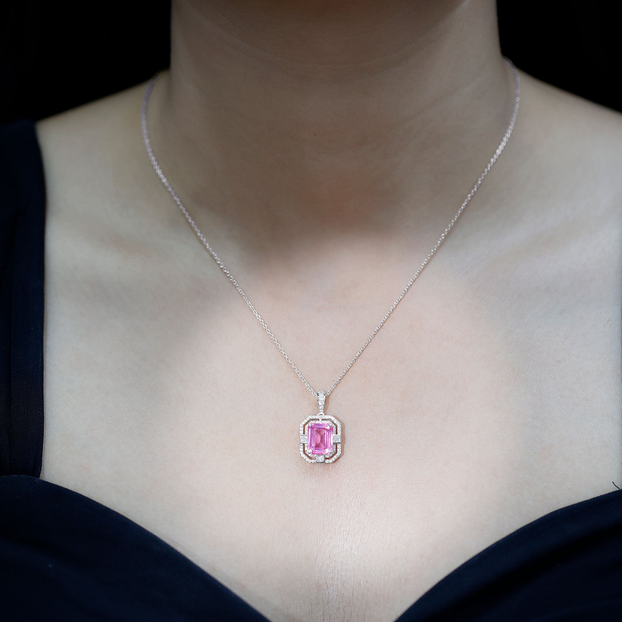 Vintage Emerald Cut Created Pink Sapphire Pendant with Moissanite