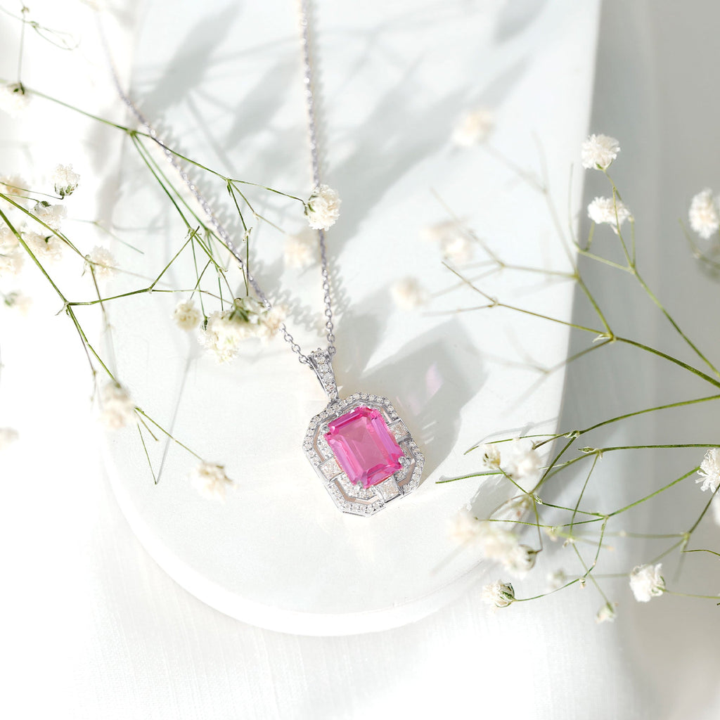 Vintage Emerald Cut Created Pink Sapphire Pendant with Moissanite