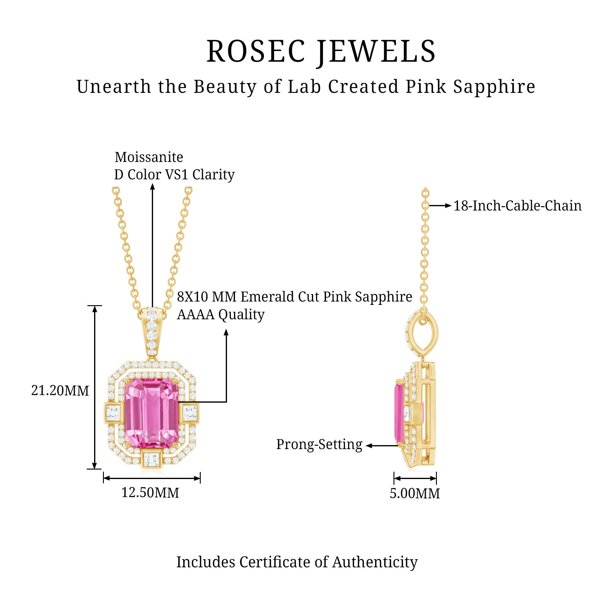 Vintage Emerald Cut Created Pink Sapphire Pendant with Moissanite