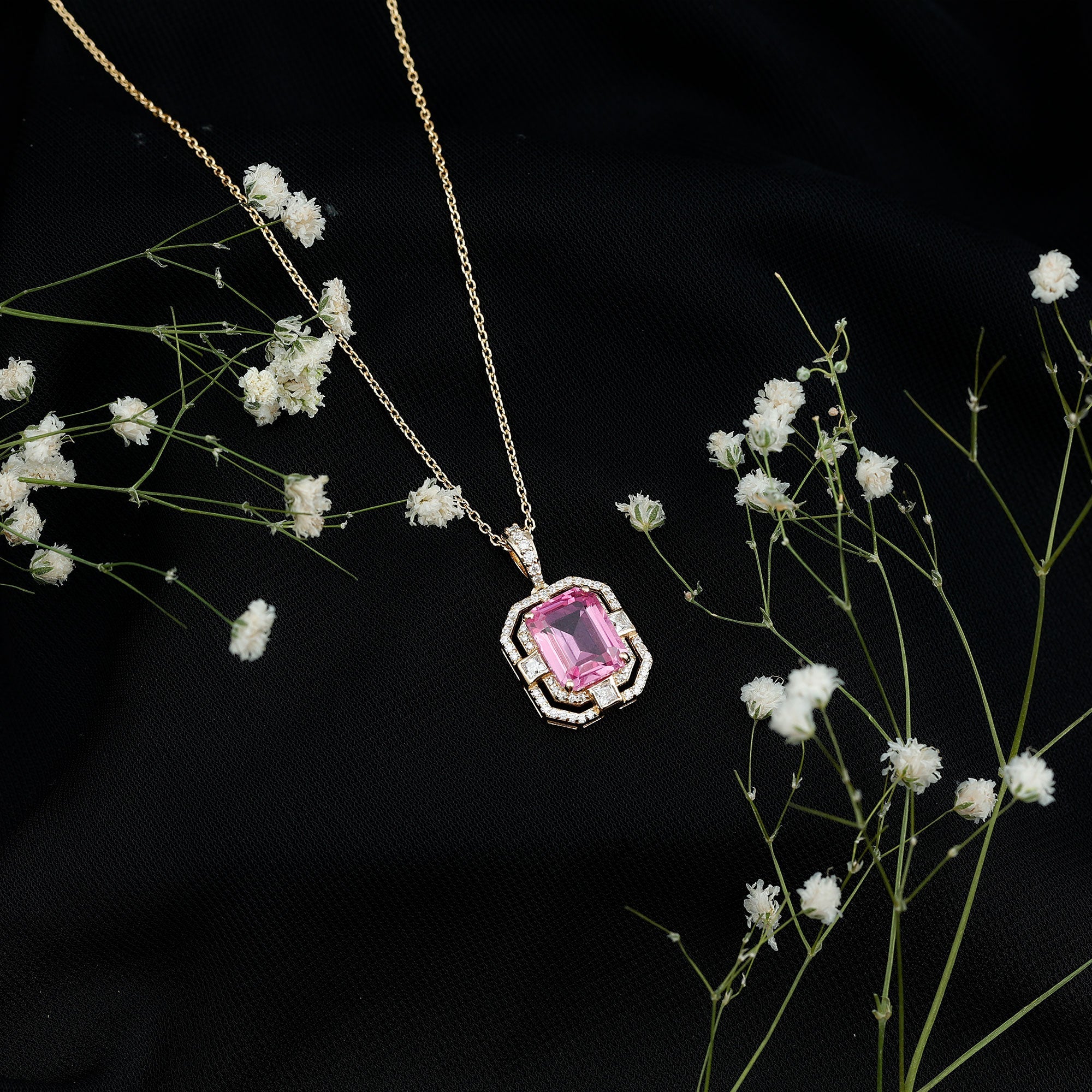 Vintage Emerald Cut Created Pink Sapphire Pendant with Moissanite