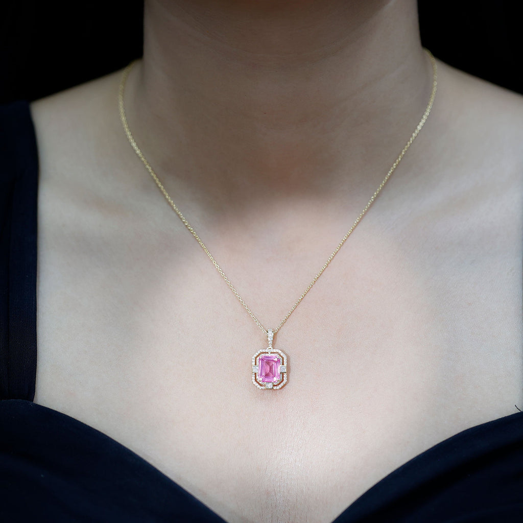 Vintage Emerald Cut Created Pink Sapphire Pendant with Moissanite