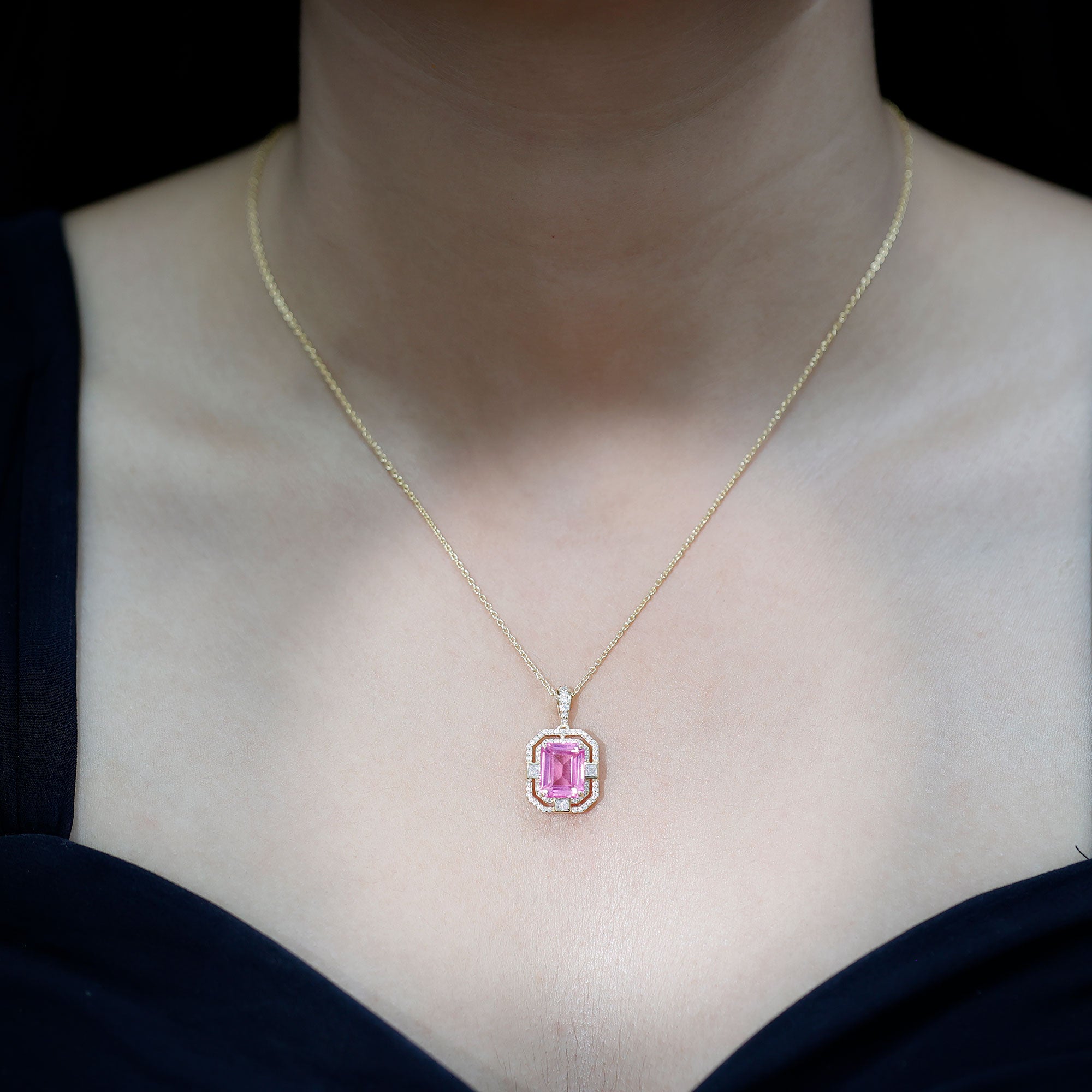 Vintage Emerald Cut Created Pink Sapphire Pendant with Moissanite