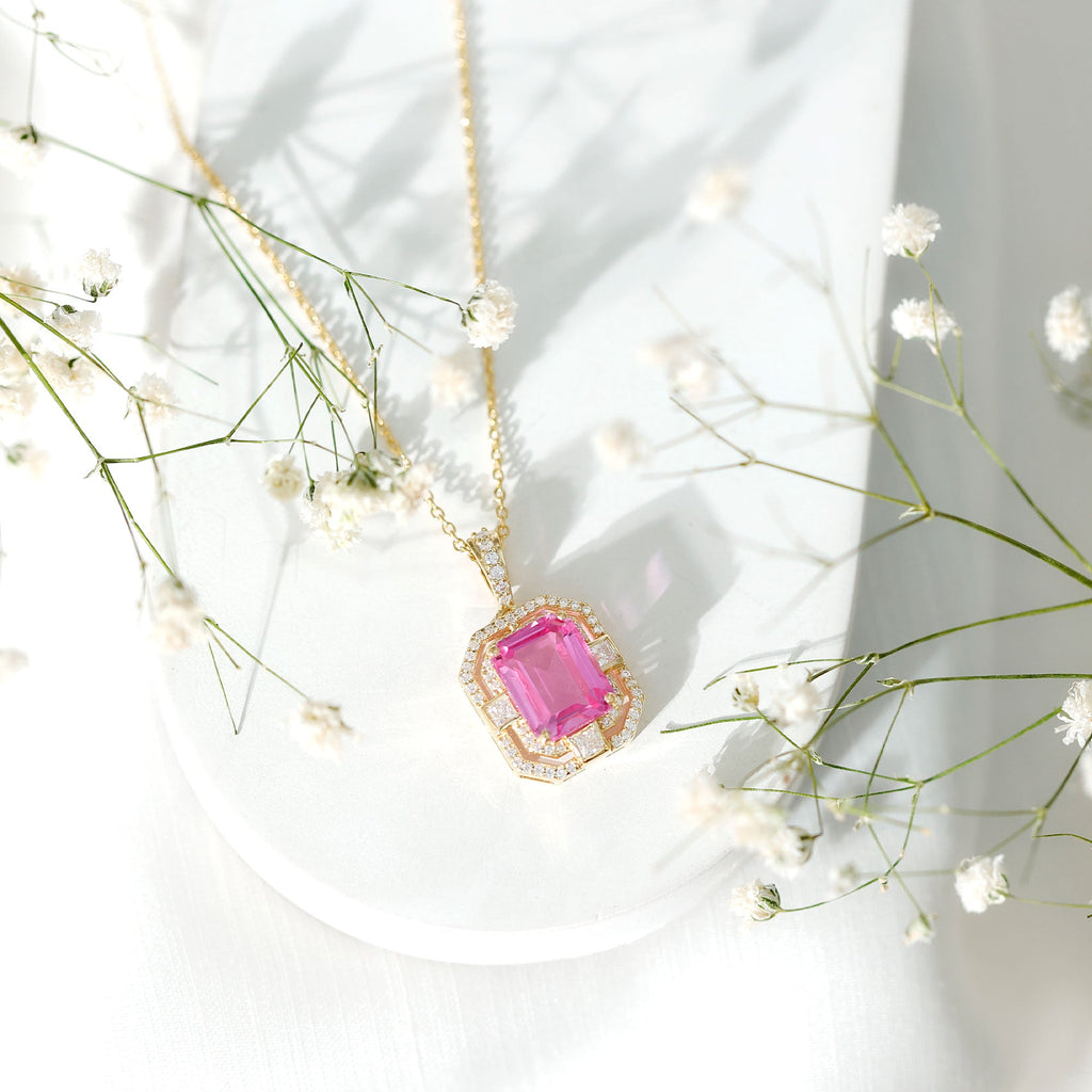 Vintage Emerald Cut Created Pink Sapphire Pendant with Moissanite