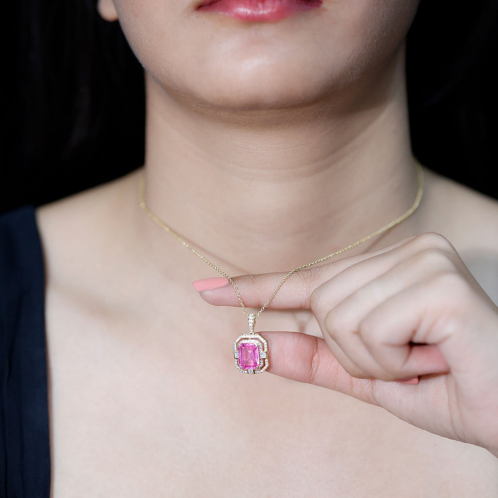Vintage Emerald Cut Created Pink Sapphire Pendant with Moissanite