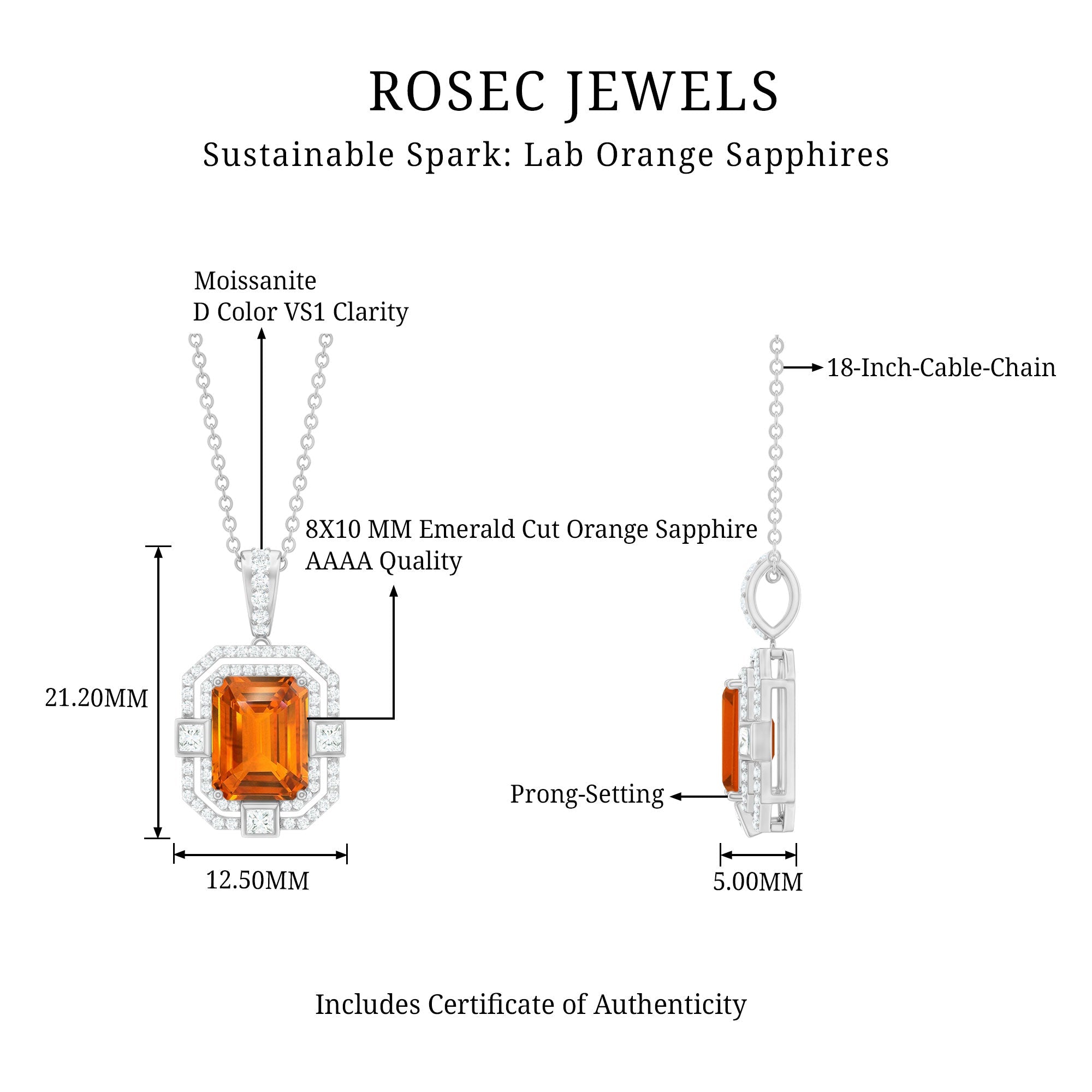 Vintage Emerald Cut Created Orange Sapphire Pendant with Moissanite