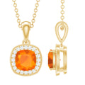 Certified 1 Carat Cushion Cut Fire Opal Pendant Necklace with Diamond Halo