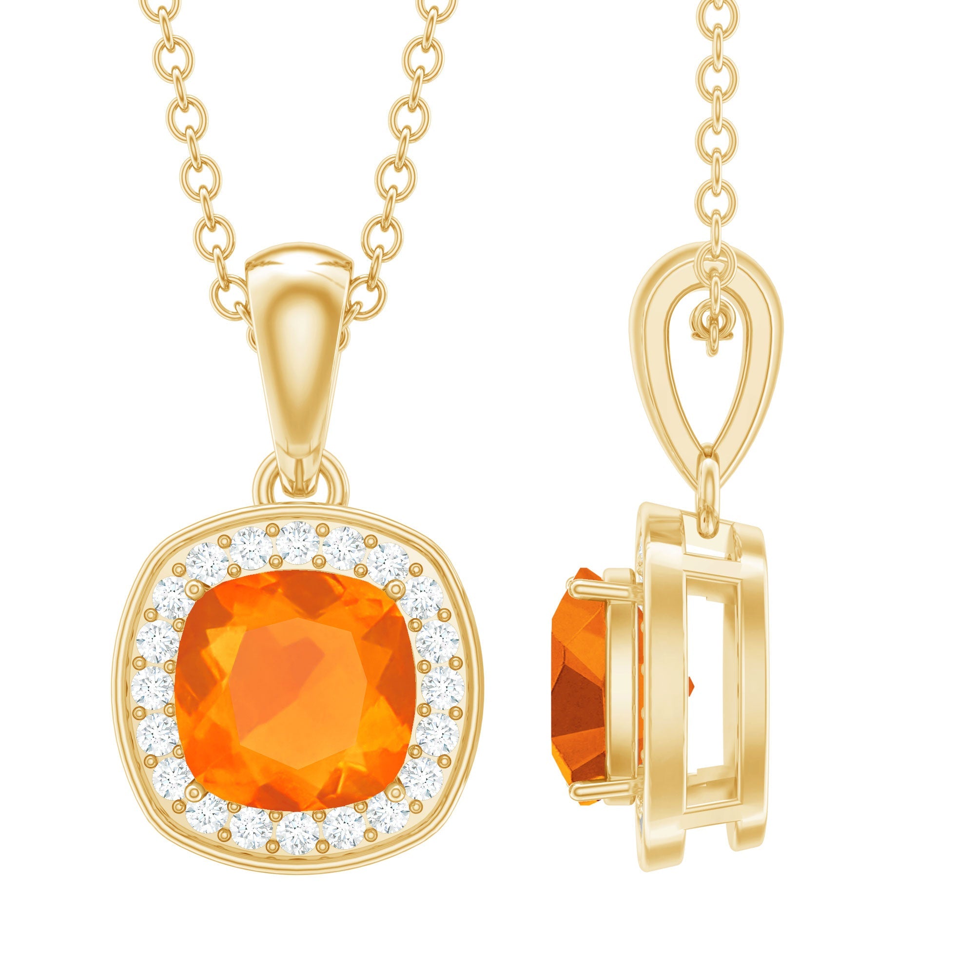 Certified 1 Carat Cushion Cut Fire Opal Pendant Necklace with Diamond Halo