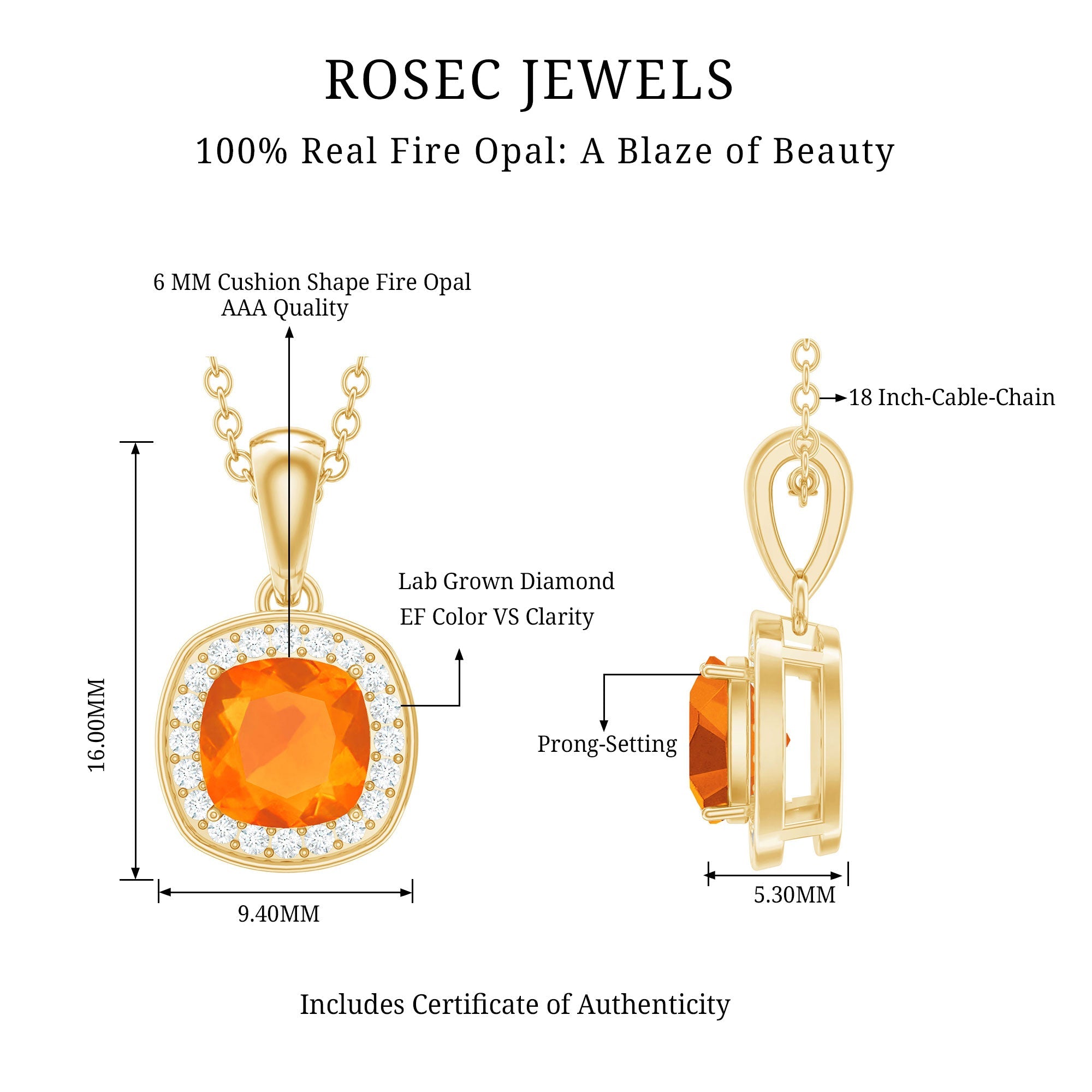 Certified 1 Carat Cushion Cut Fire Opal Pendant Necklace with Diamond Halo