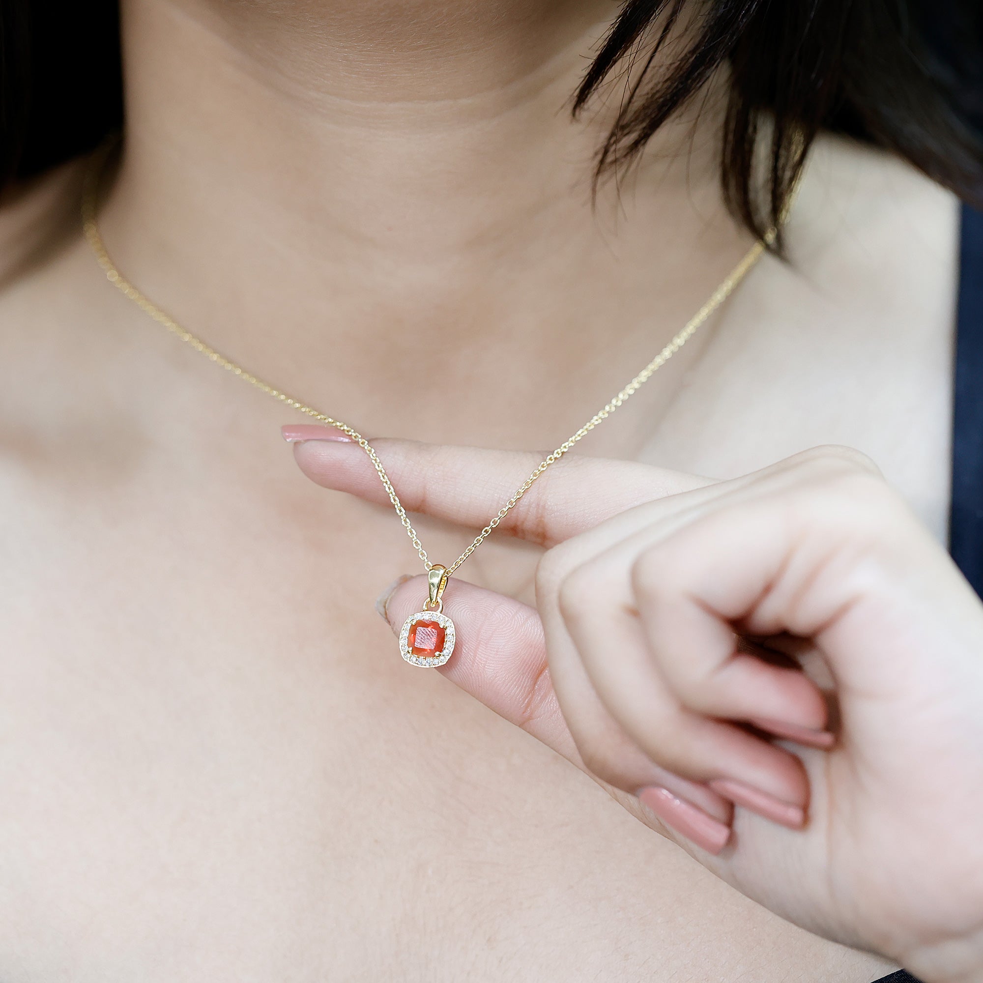Certified 1 Carat Cushion Cut Fire Opal Pendant Necklace with Diamond Halo