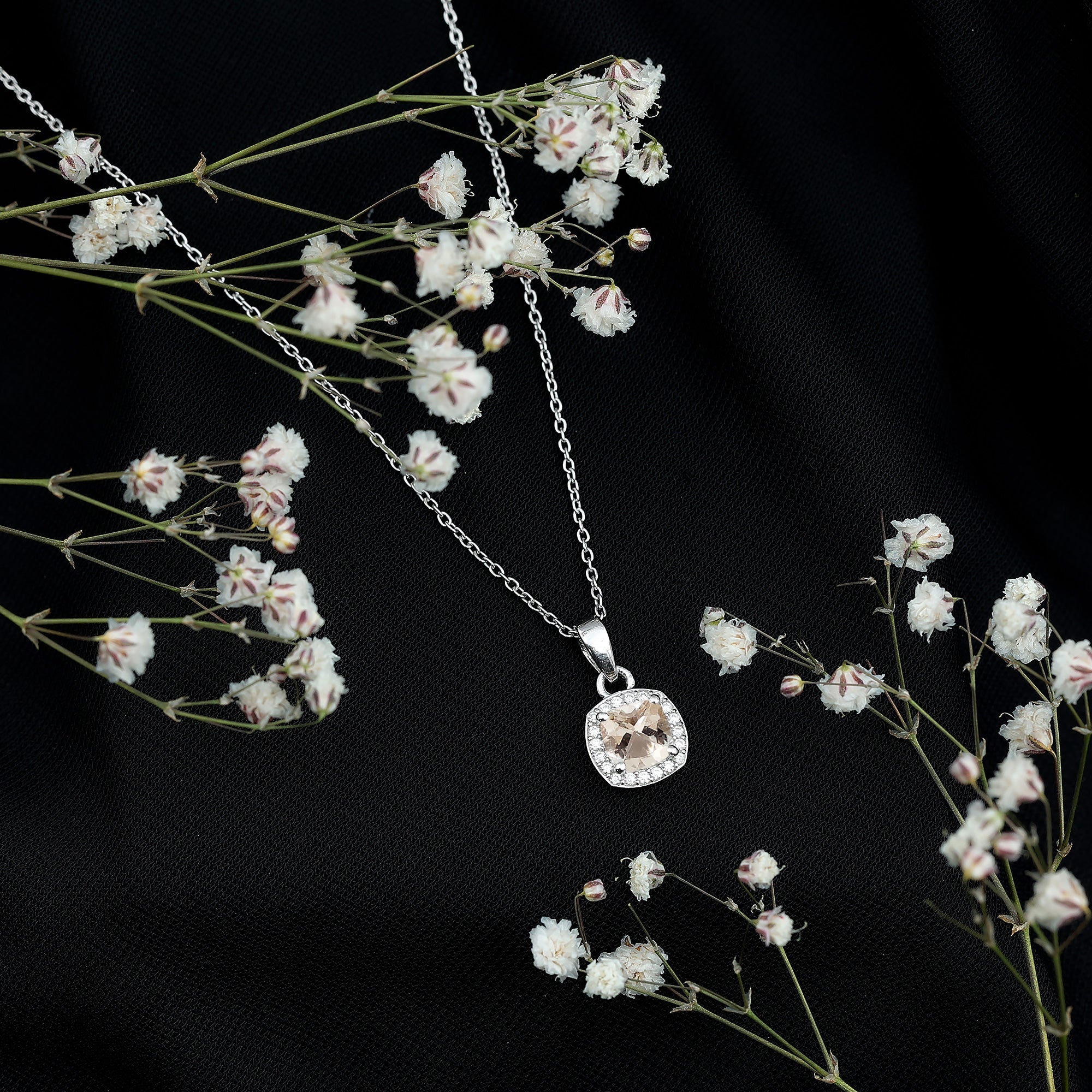 Natural Cushion Cut 1 Carat Morganite Necklace with Moissanite Halo