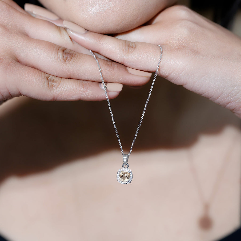 Natural Cushion Cut 1 Carat Morganite Necklace with Moissanite Halo