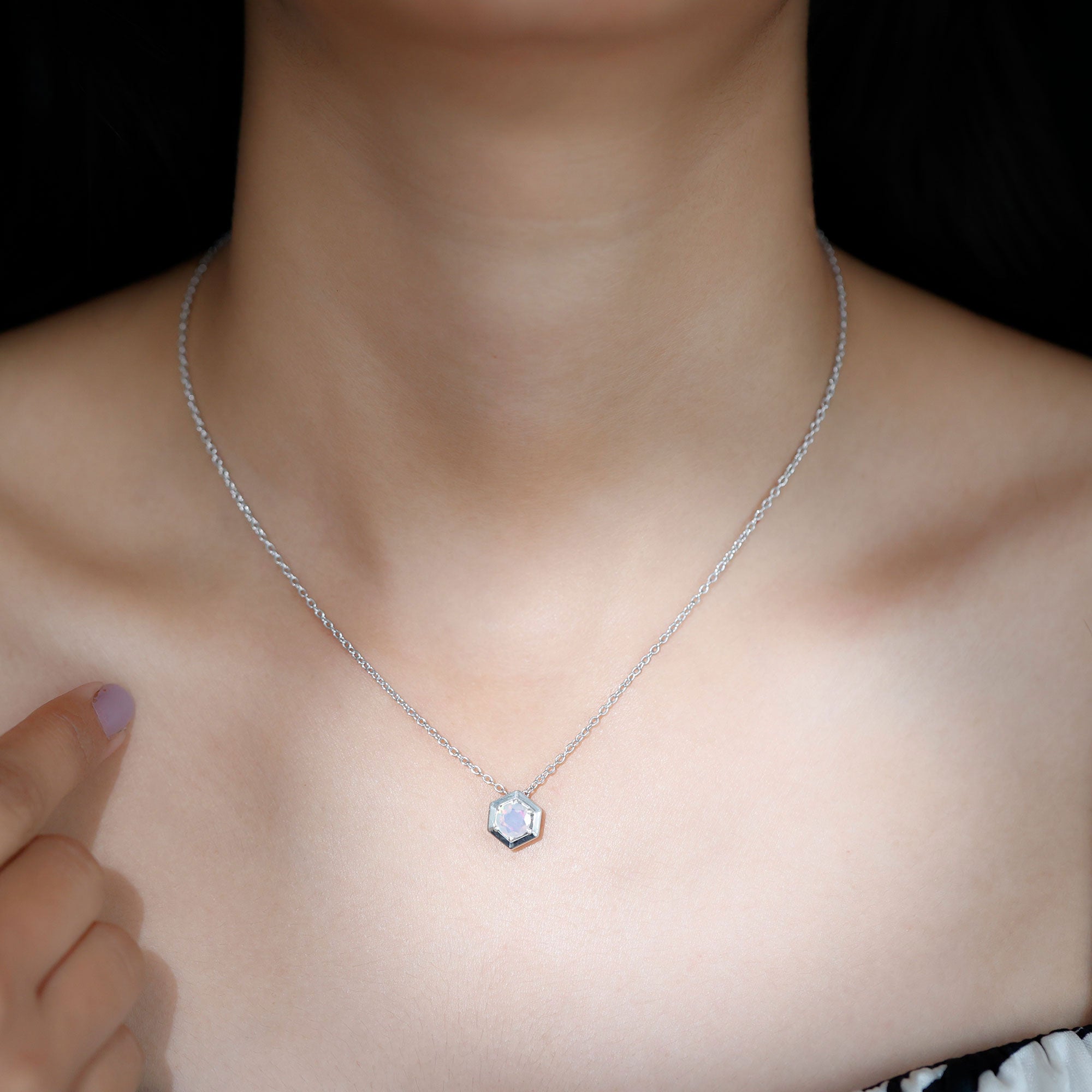 Solitaire Ethiopian Opal Hexagon Pendant Necklace