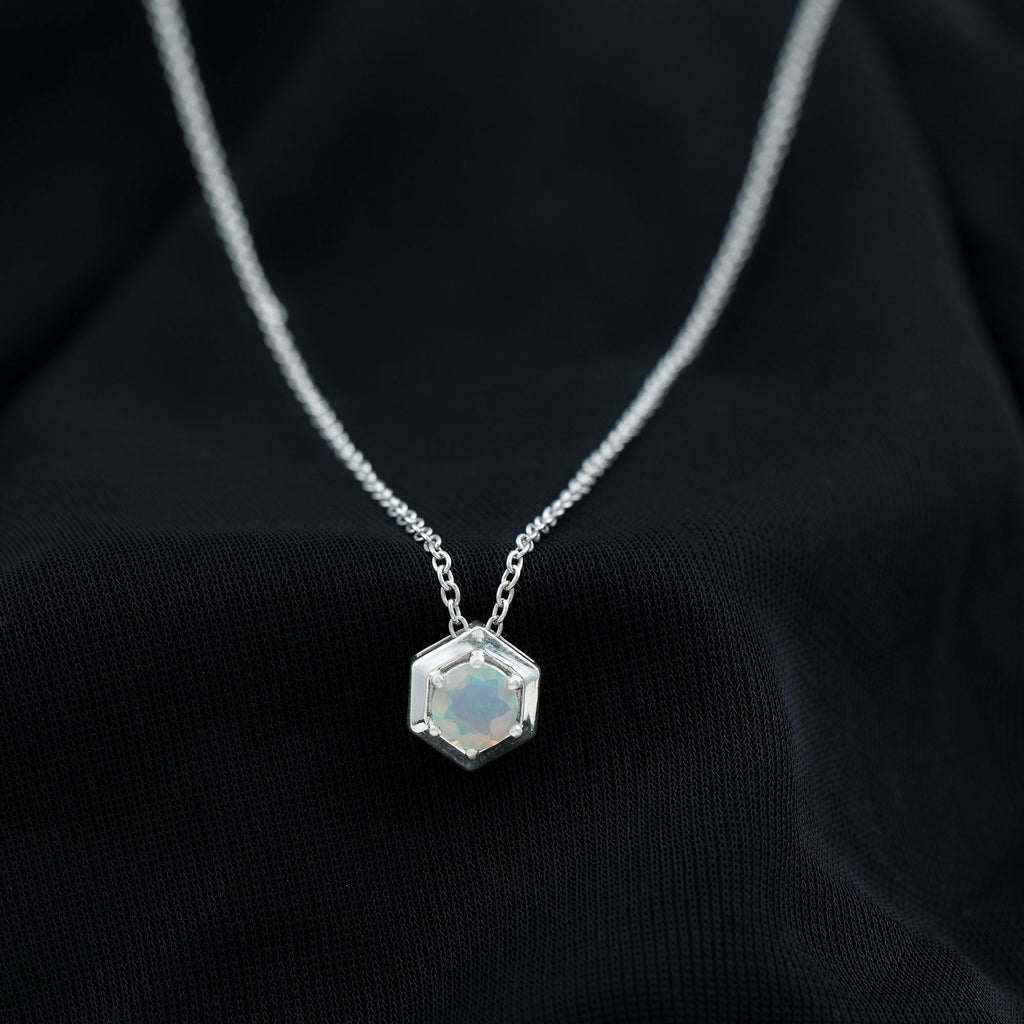 Solitaire Ethiopian Opal Hexagon Pendant Necklace