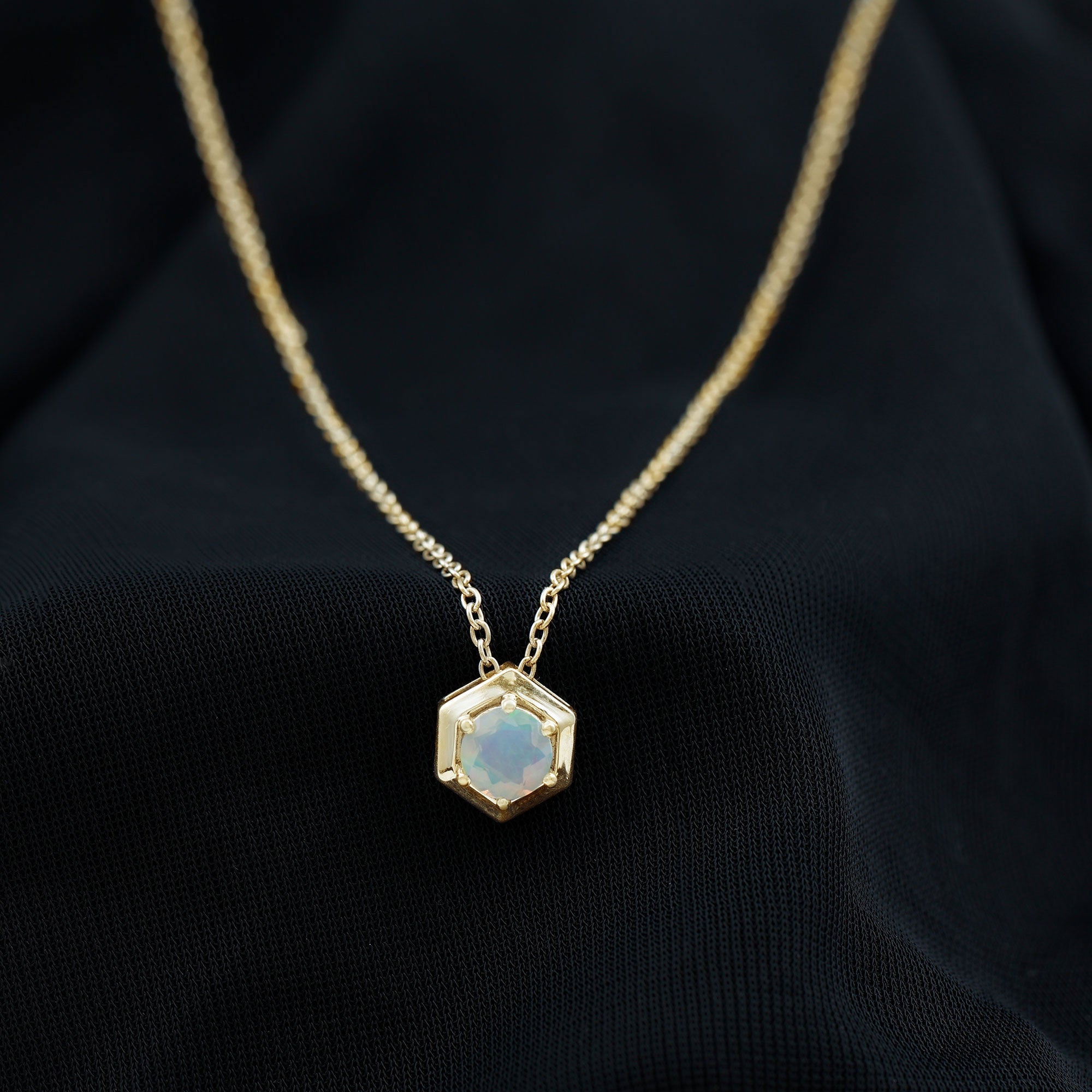 Solitaire Ethiopian Opal Hexagon Pendant Necklace
