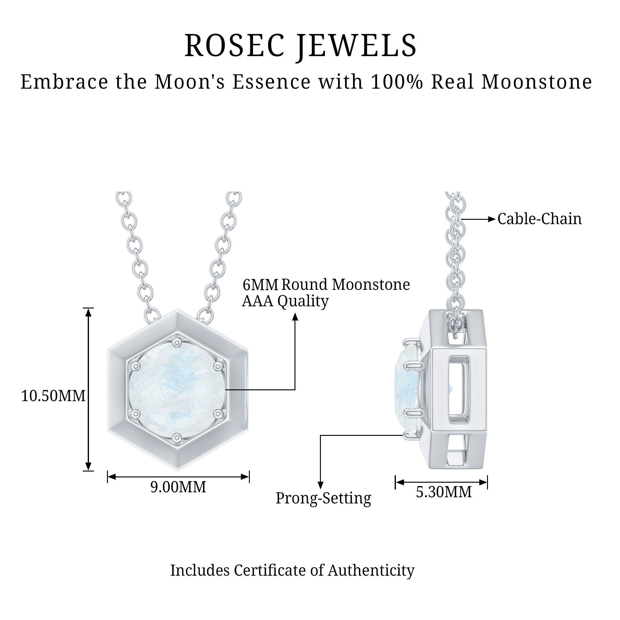 1/2 CT Moonstone Solitaire and Gold Hexagon Pendant Necklace