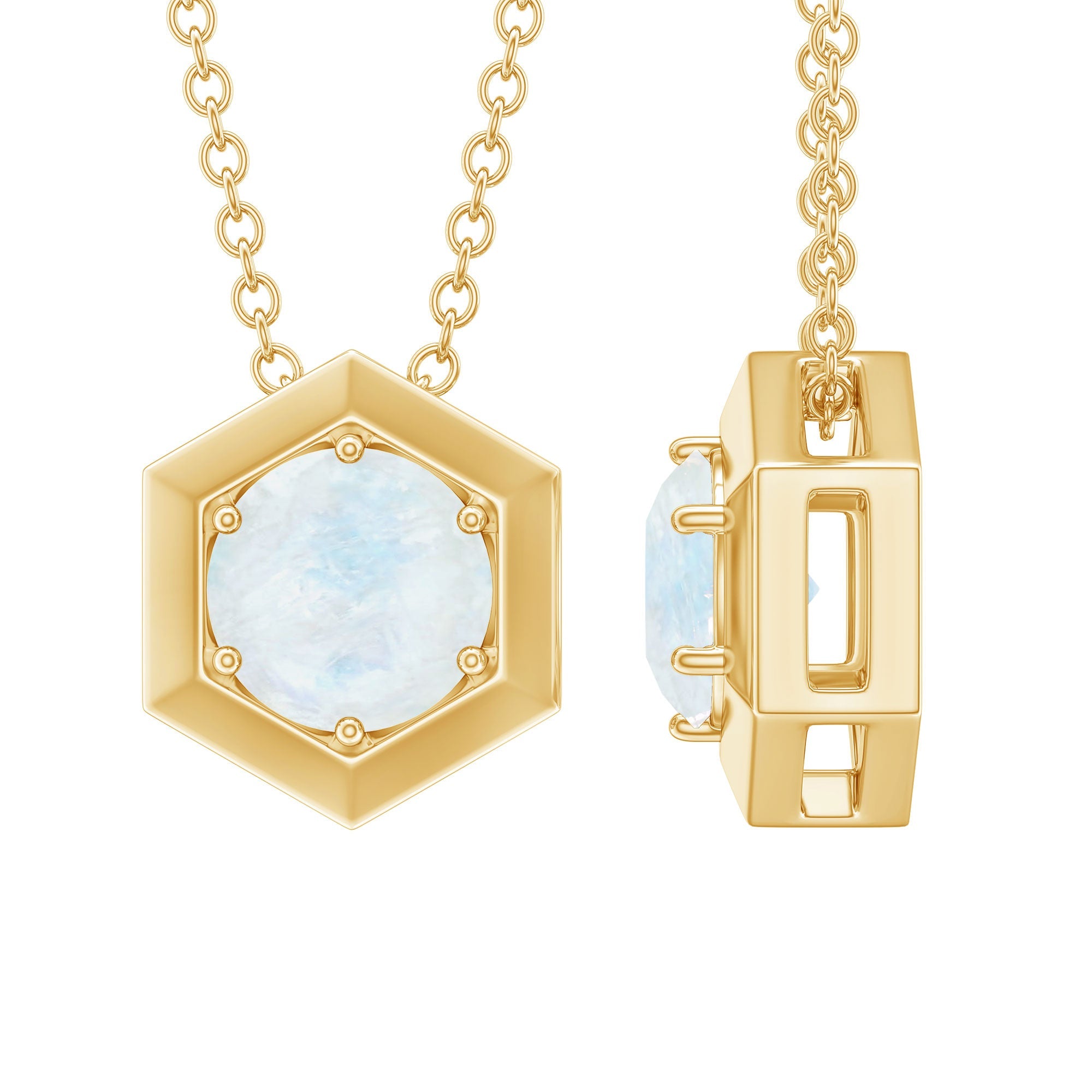 1/2 CT Moonstone Solitaire and Gold Hexagon Pendant Necklace