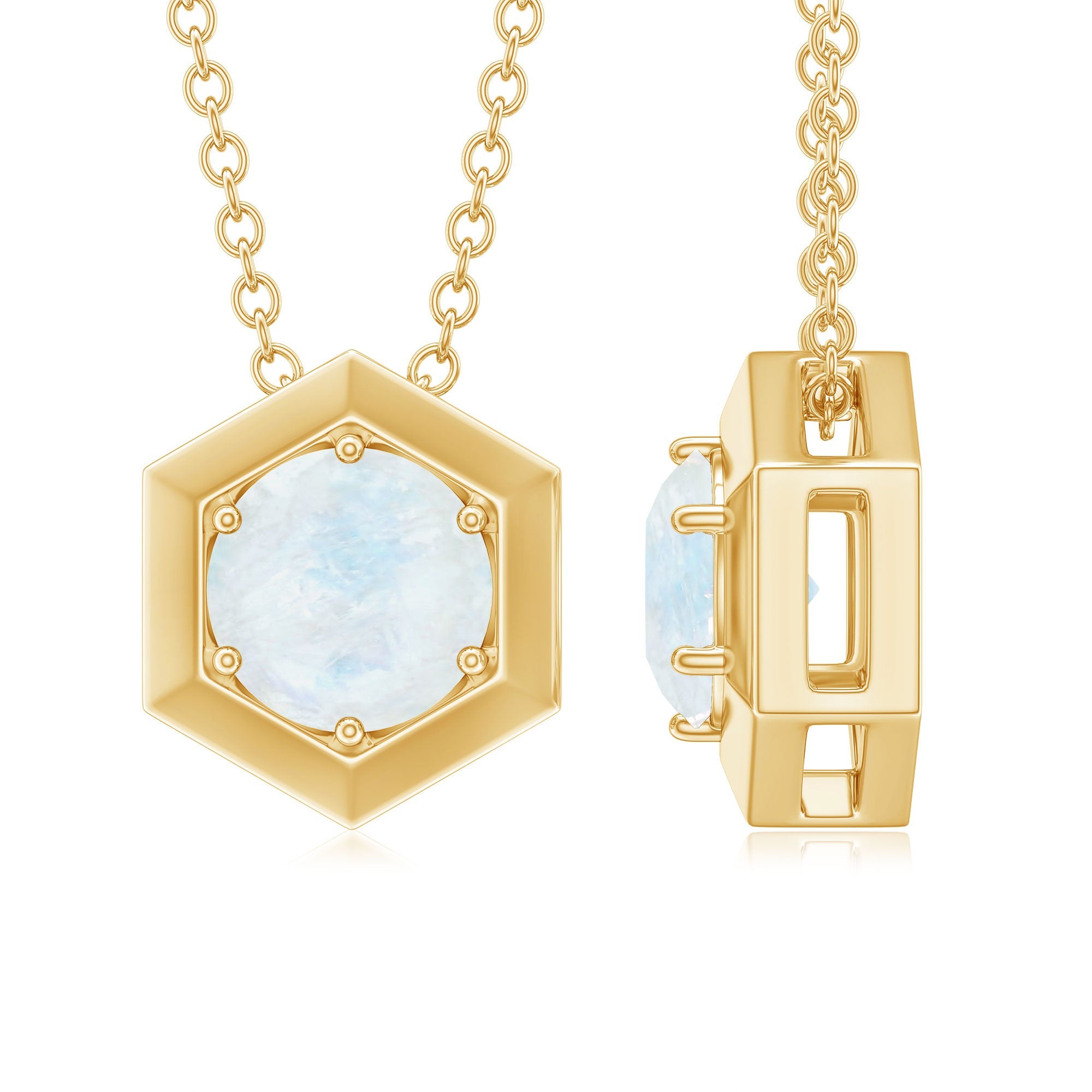 1/2 CT Moonstone Solitaire and Gold Hexagon Pendant Necklace