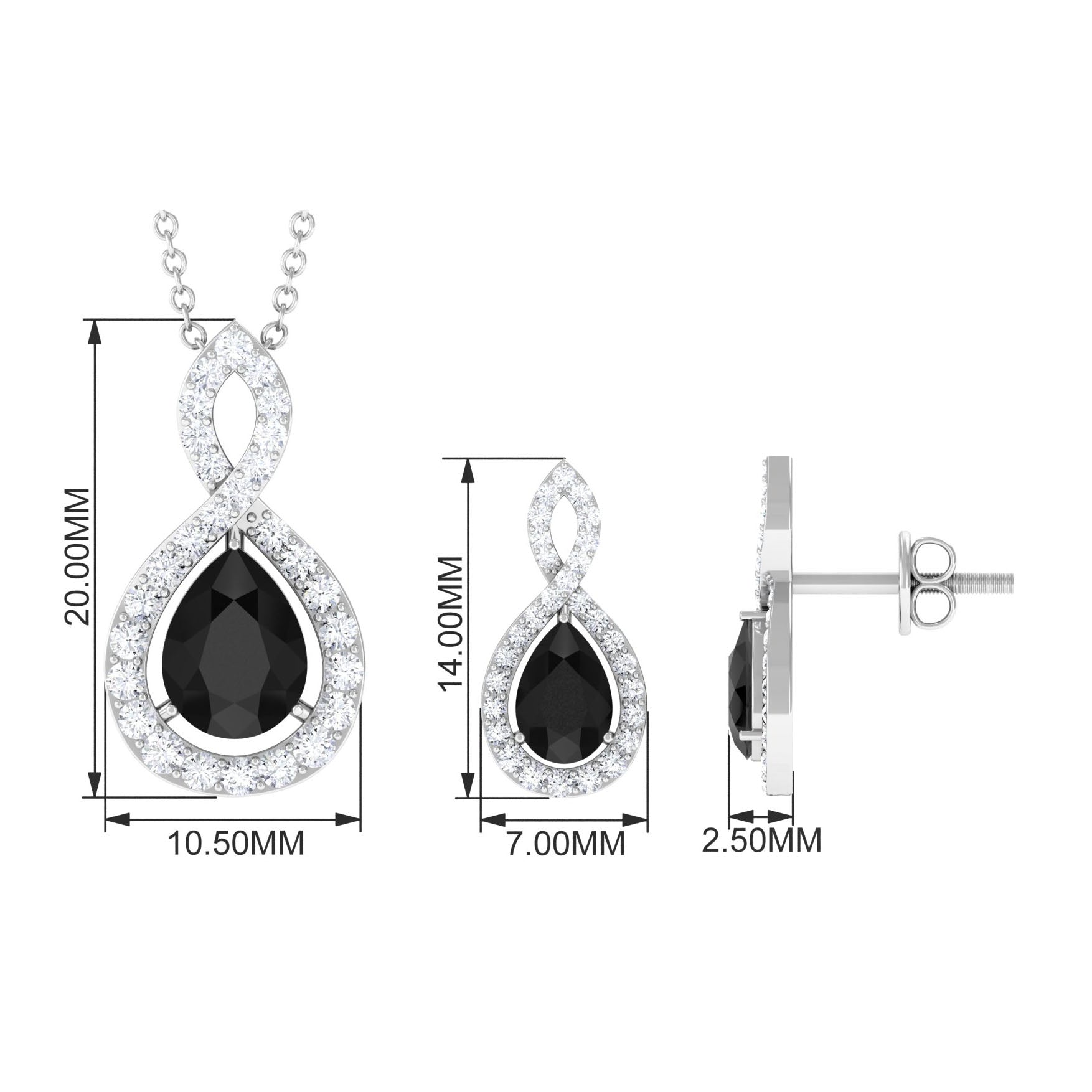 Natural Black Onyx Infinity Necklace and Earrings Set for Women