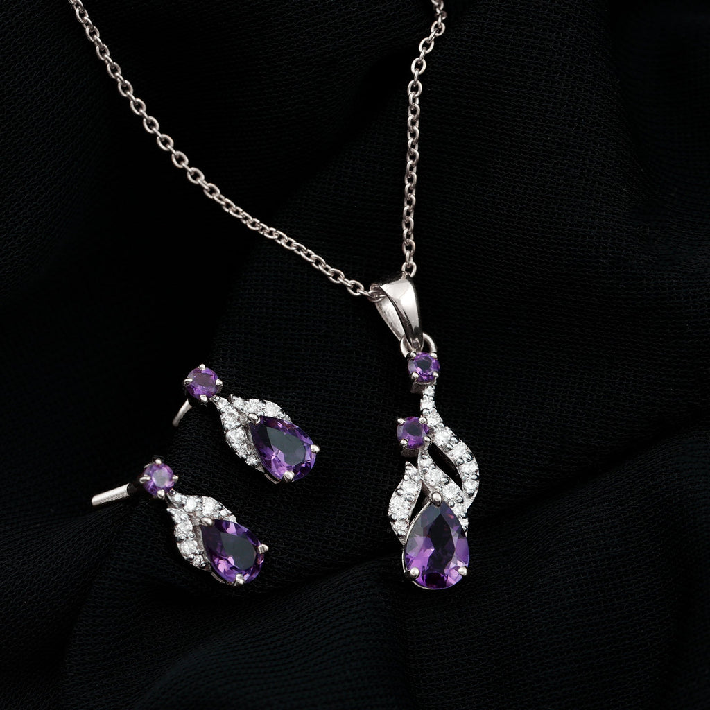 Real Amethyst and Diamond Bridal Dangle Necklace Earrings Set