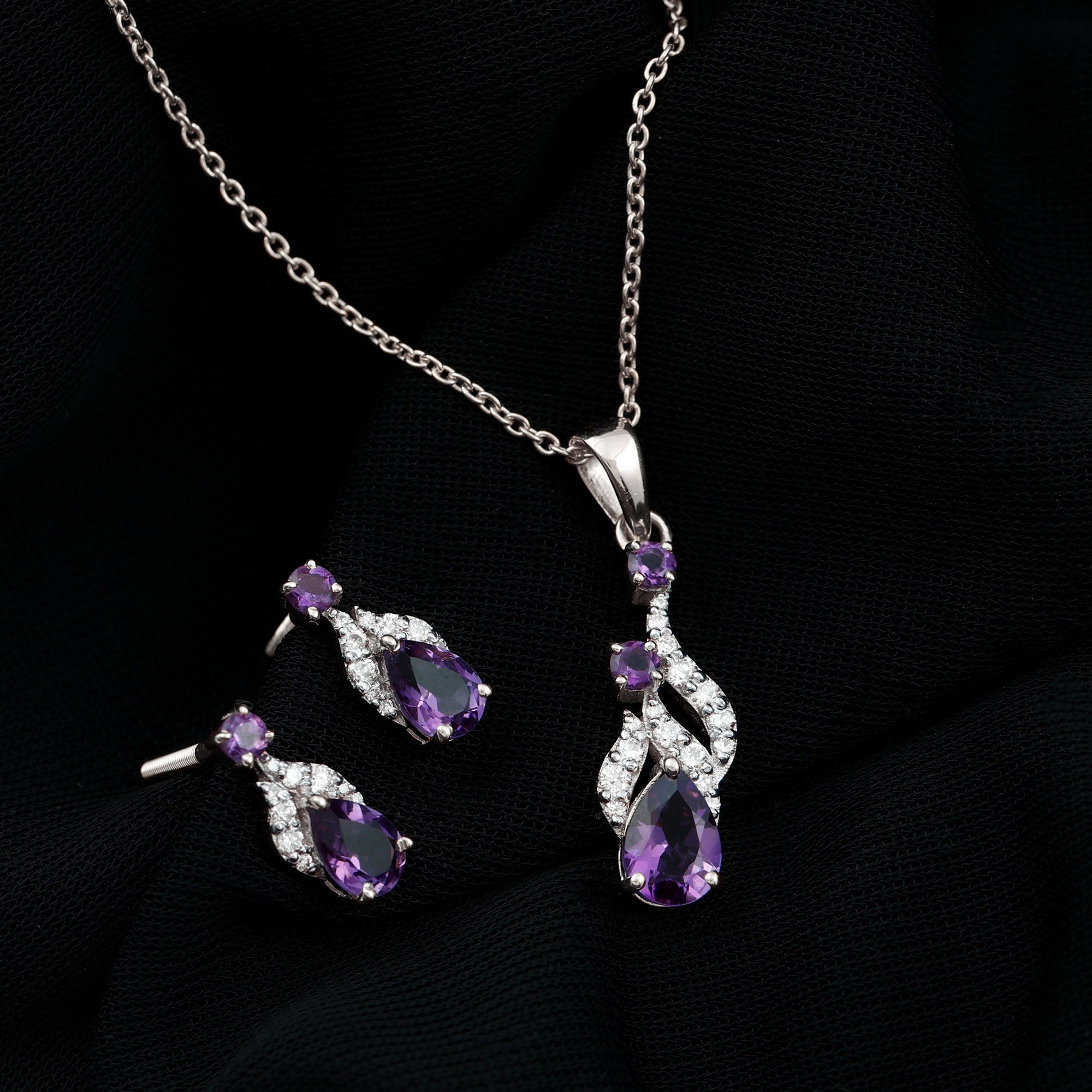 Real Amethyst and Diamond Bridal Dangle Necklace Earrings Set