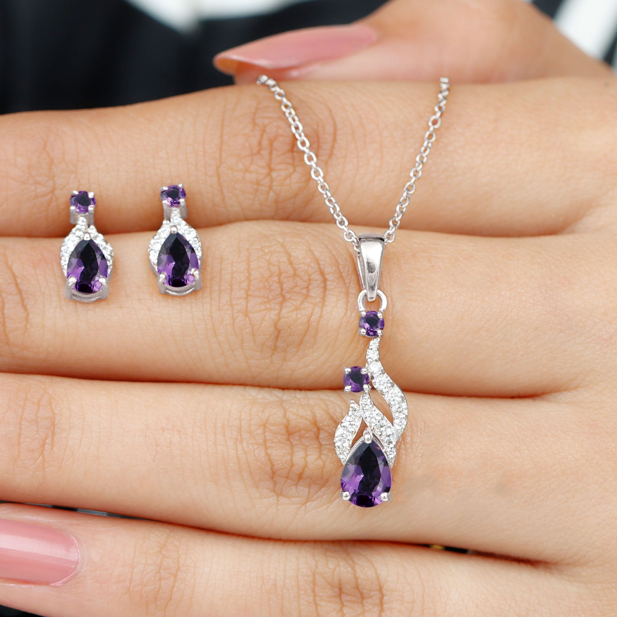 Real Amethyst and Diamond Bridal Dangle Necklace Earrings Set