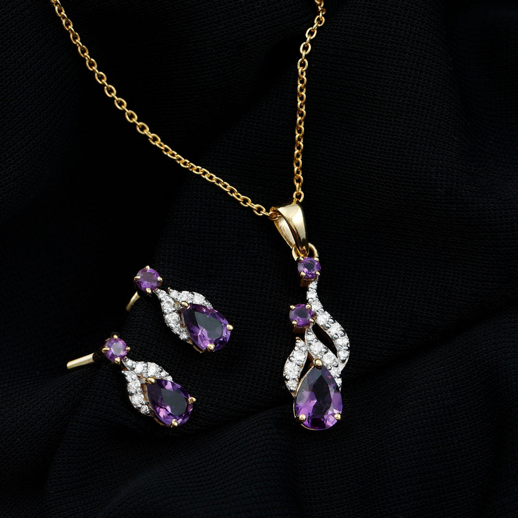 Real Amethyst and Diamond Bridal Dangle Necklace Earrings Set