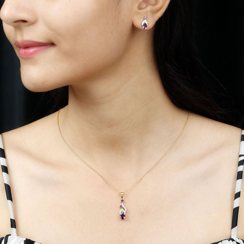 Real Amethyst and Diamond Bridal Dangle Necklace Earrings Set