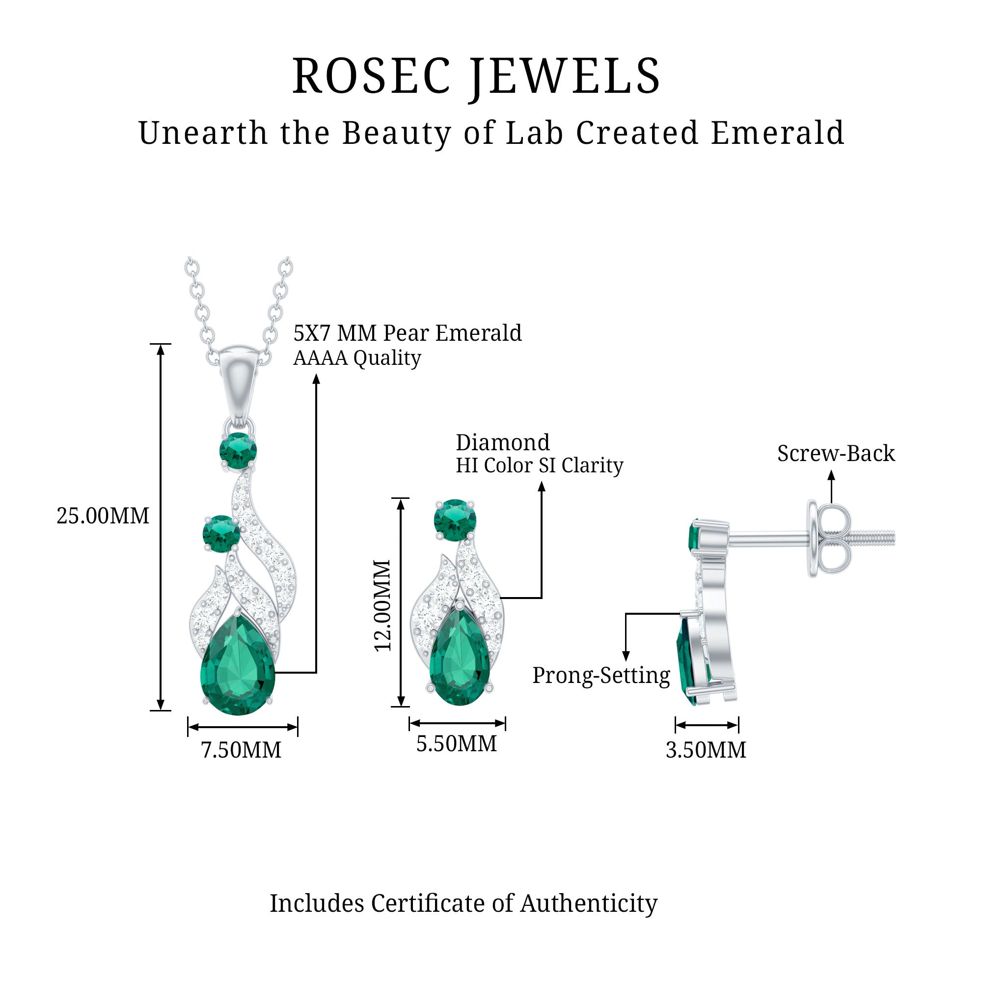 Lab Created Emerald and Diamond Designer Jewelry Set