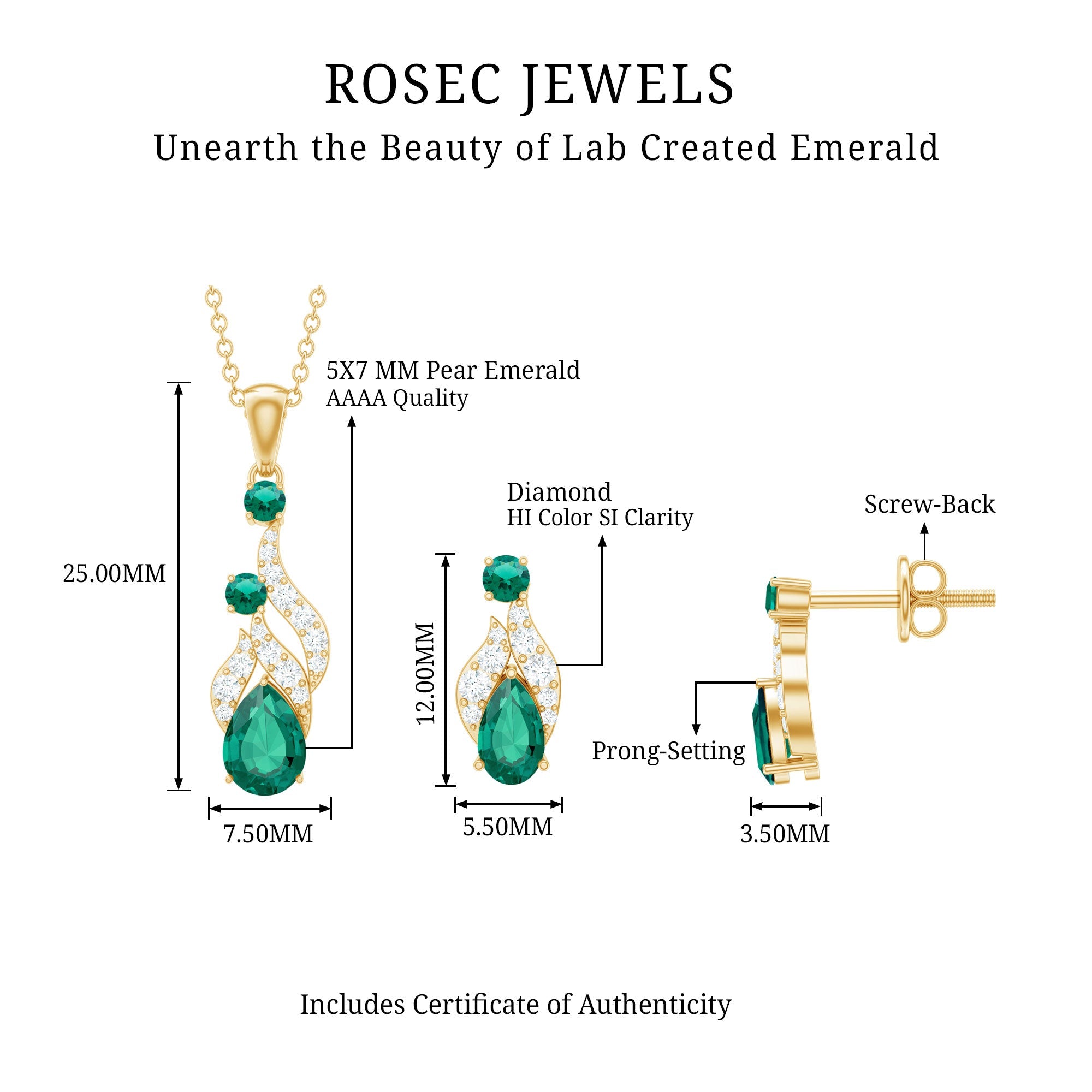 Lab Created Emerald and Diamond Designer Jewelry Set