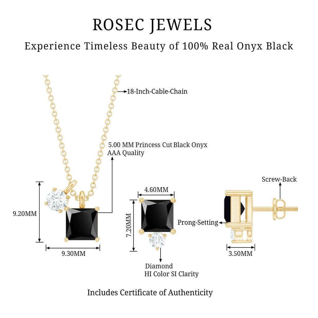 Natural 1.65 Carat Princess Cut Black Onyx Pendant and Earrings Set with Diamond