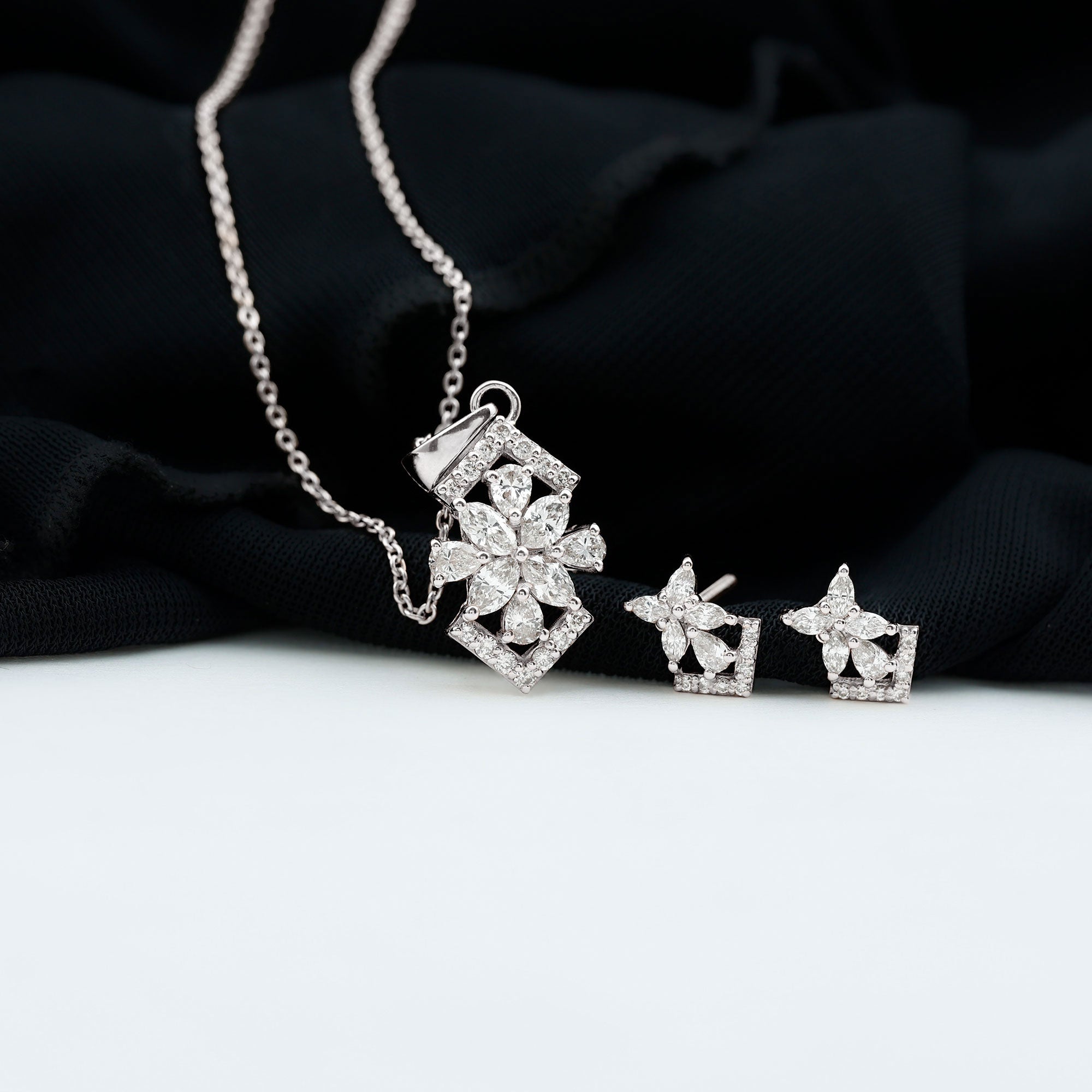 Genuine Diamond Flower Necklace and Earrings Set with Certificate
