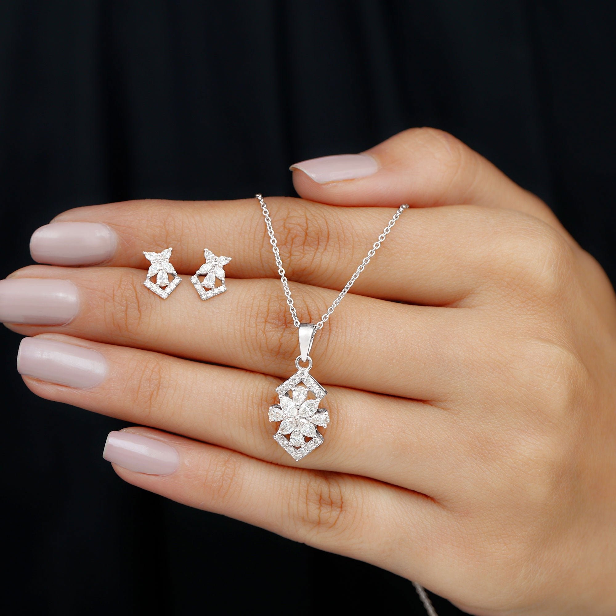 Genuine Diamond Flower Necklace and Earrings Set with Certificate