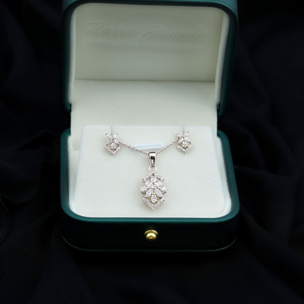Genuine Diamond Flower Necklace and Earrings Set with Certificate