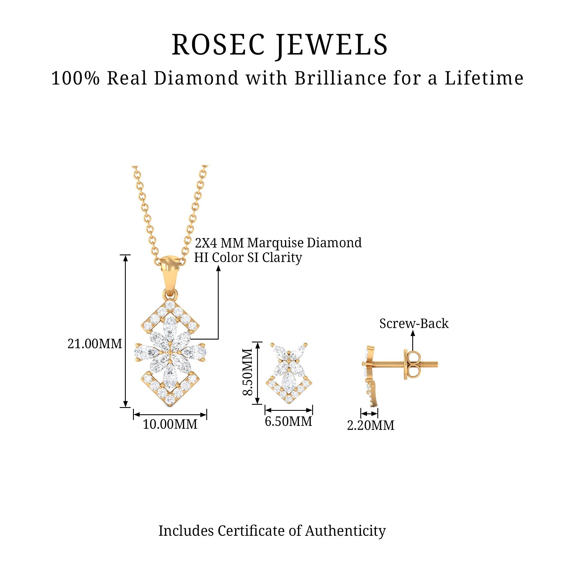 Genuine Diamond Flower Necklace and Earrings Set with Certificate