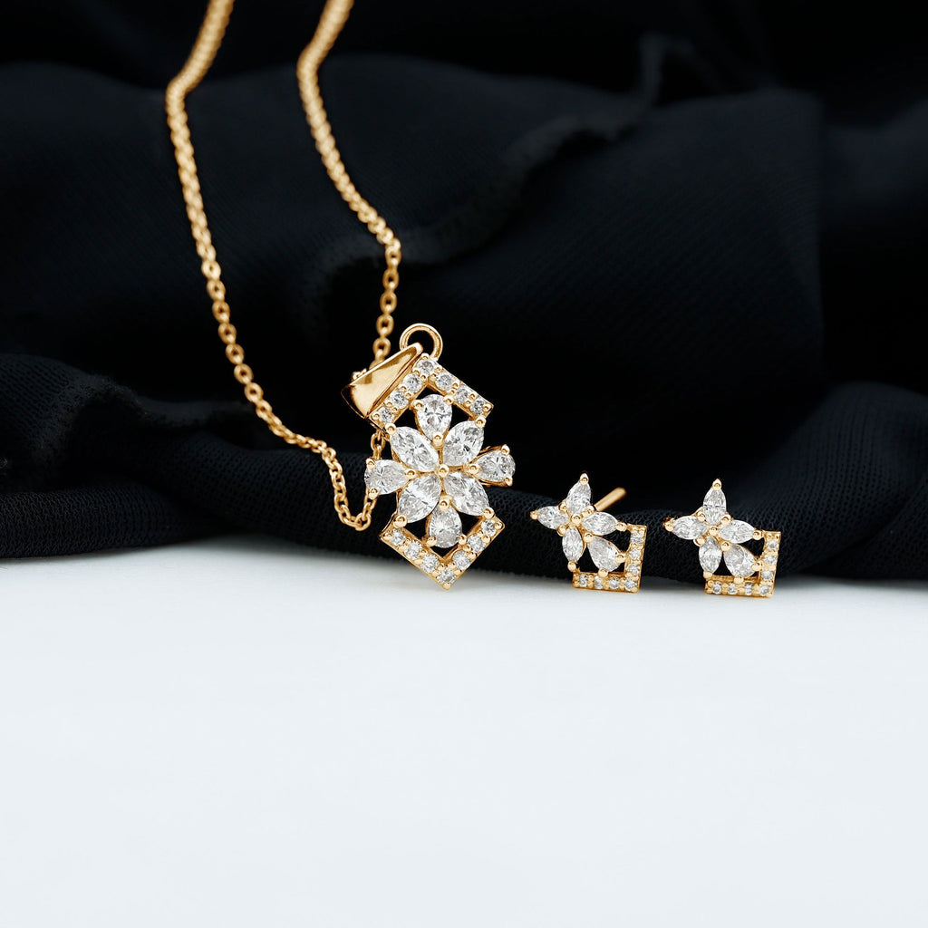 Genuine Diamond Flower Necklace and Earrings Set with Certificate