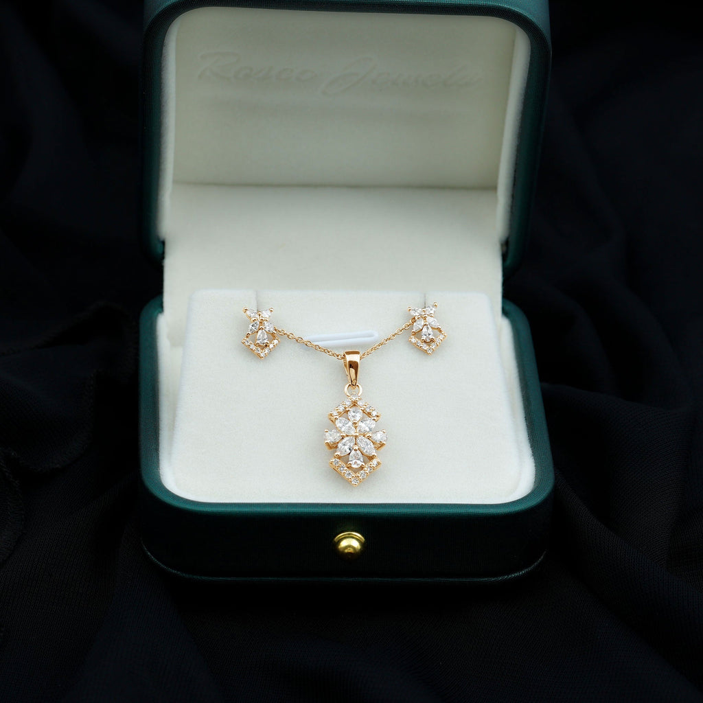 Genuine Diamond Flower Necklace and Earrings Set with Certificate