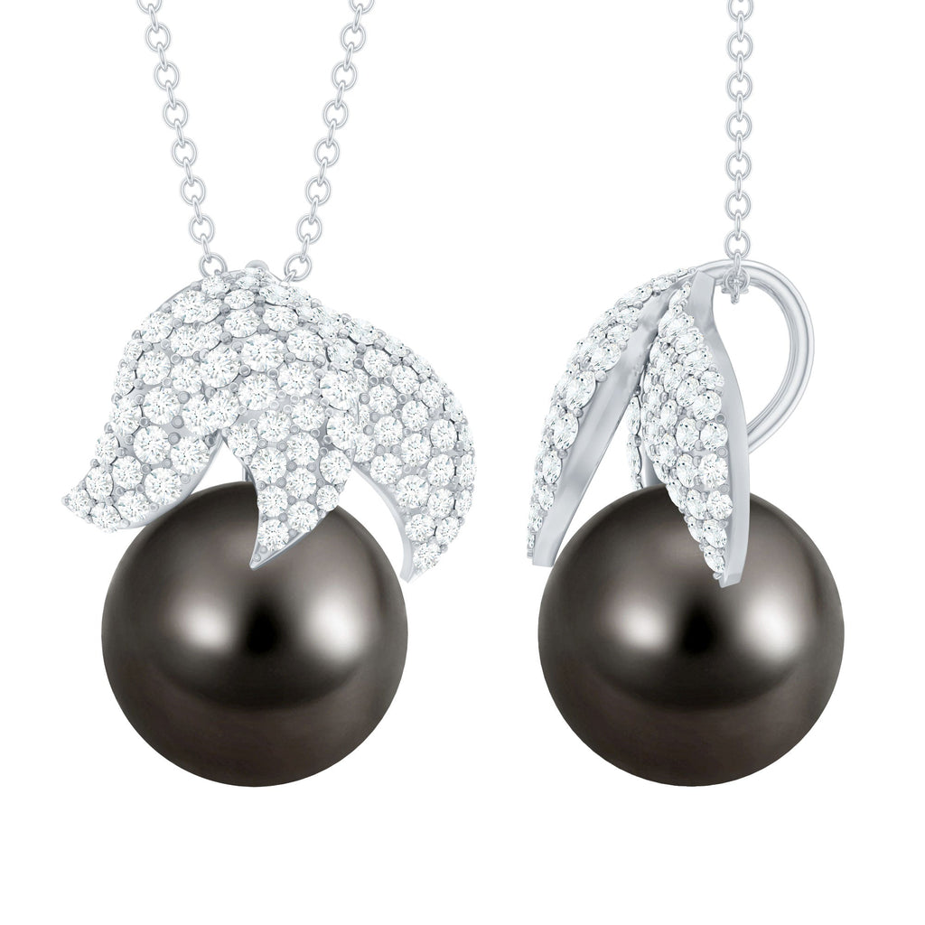 Black Tahitian Pearl and Diamond Leaf Pendant Necklace
