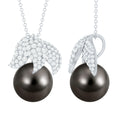 Black Tahitian Pearl and Diamond Leaf Pendant Necklace